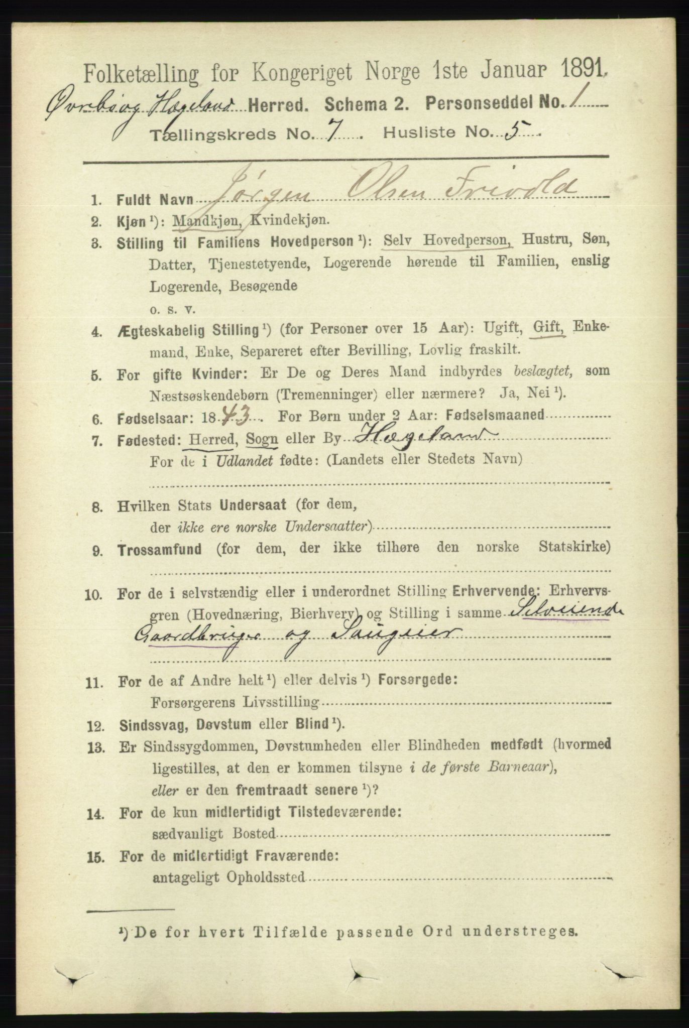 RA, 1891 census for 1016 Øvrebø og Hægeland, 1891, p. 1360