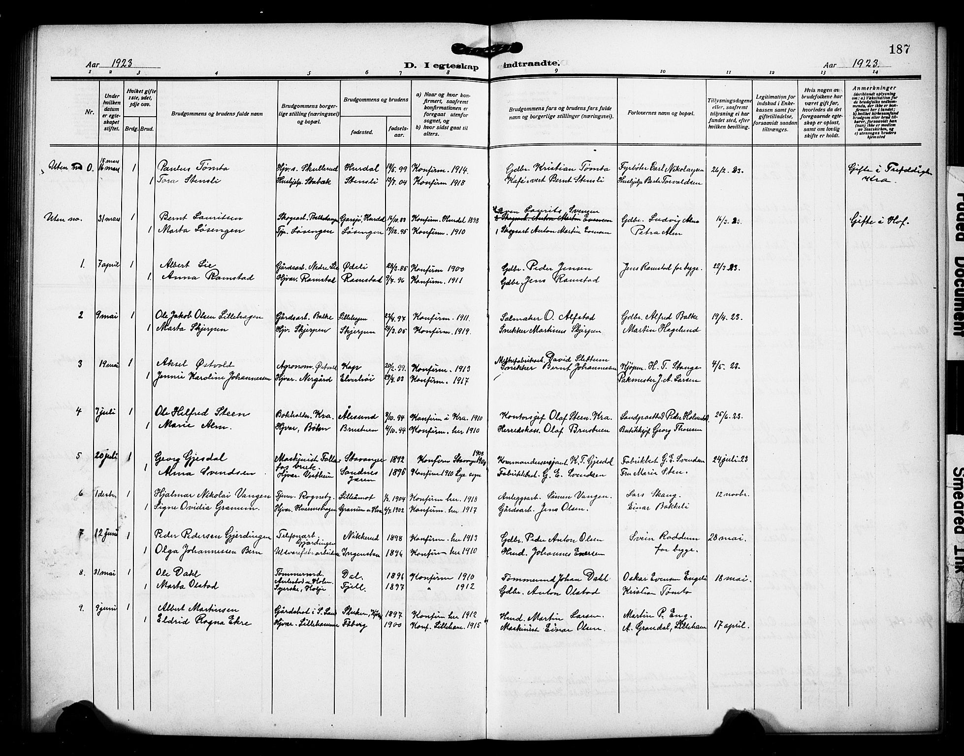 Østre Toten prestekontor, AV/SAH-PREST-104/H/Ha/Hab/L0008: Parish register (copy) no. 8, 1913-1929, p. 187