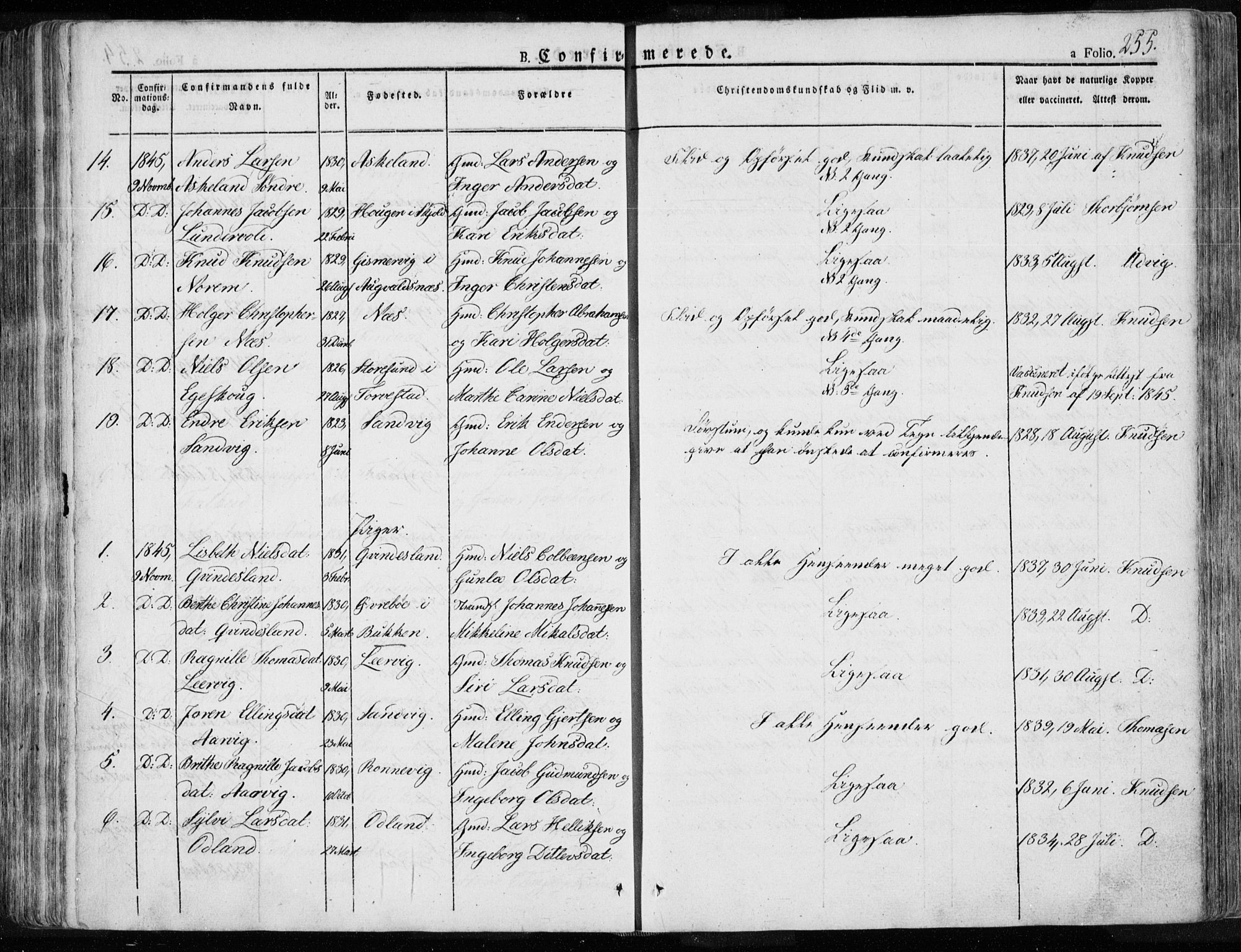 Tysvær sokneprestkontor, AV/SAST-A -101864/H/Ha/Haa/L0001: Parish register (official) no. A 1.1, 1831-1856, p. 255