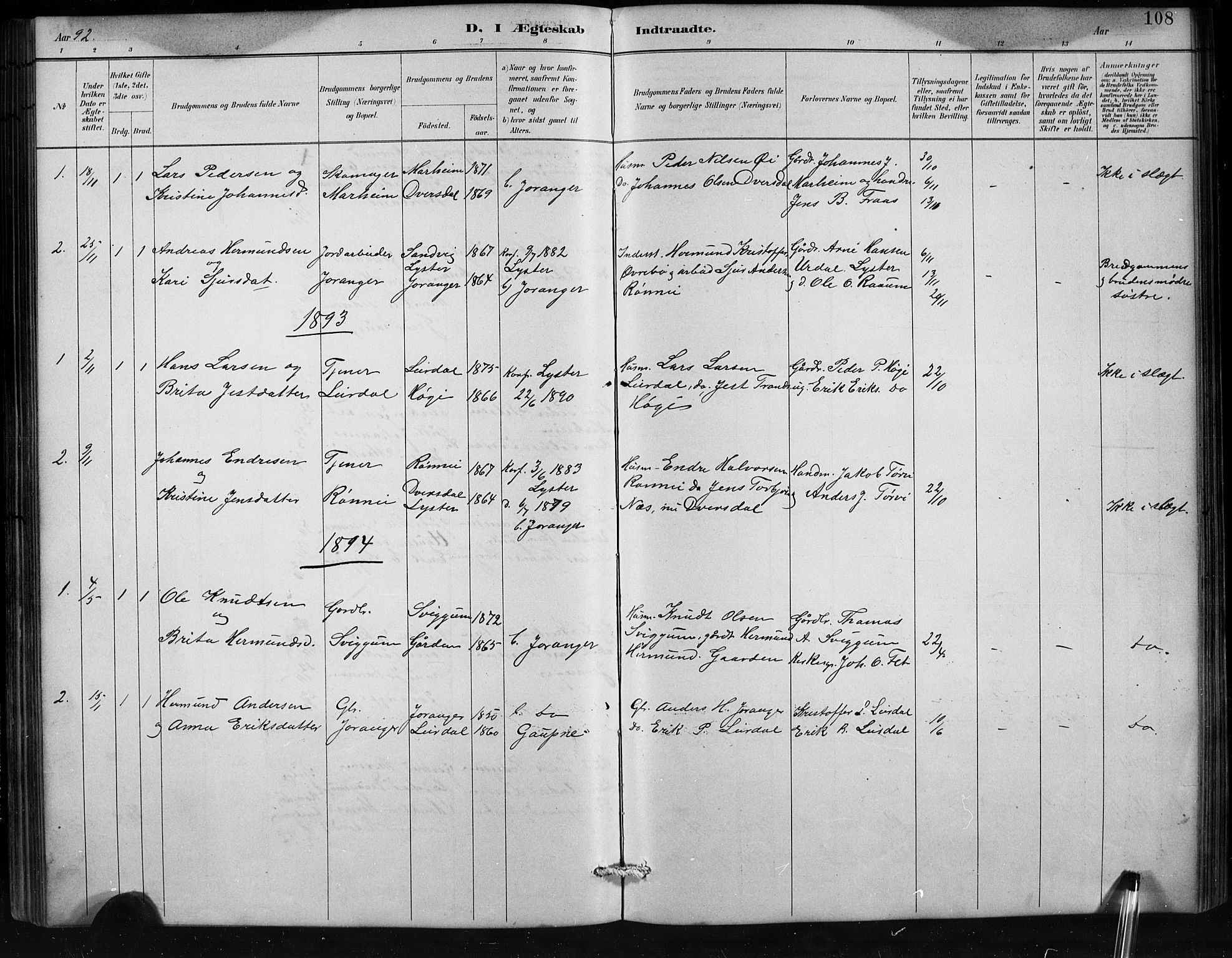 Jostedal sokneprestembete, SAB/A-80601/H/Hab/Habd/L0001: Parish register (copy) no. D 1, 1882-1910, p. 108