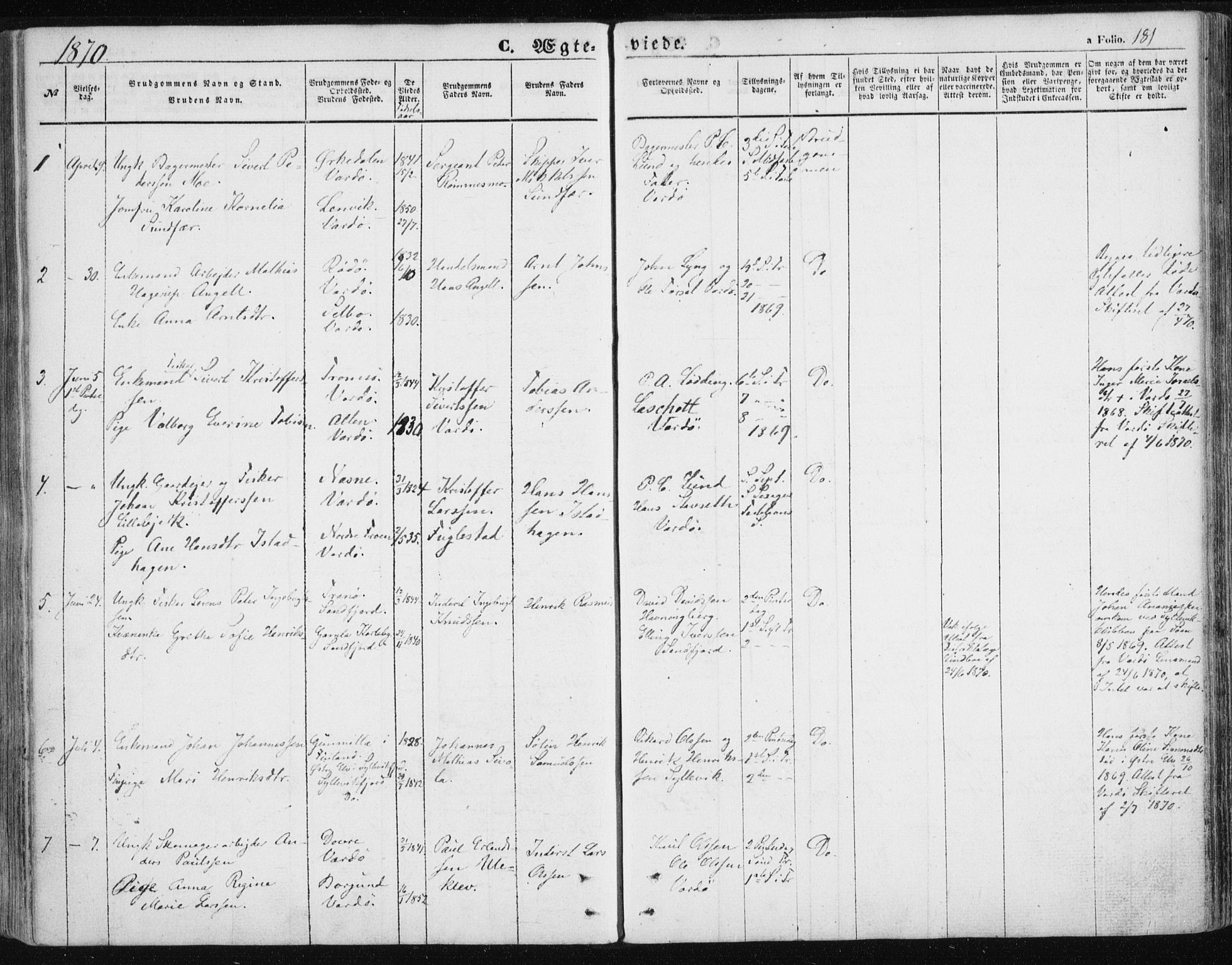 Vardø sokneprestkontor, SATØ/S-1332/H/Ha/L0004kirke: Parish register (official) no. 4, 1862-1871, p. 181