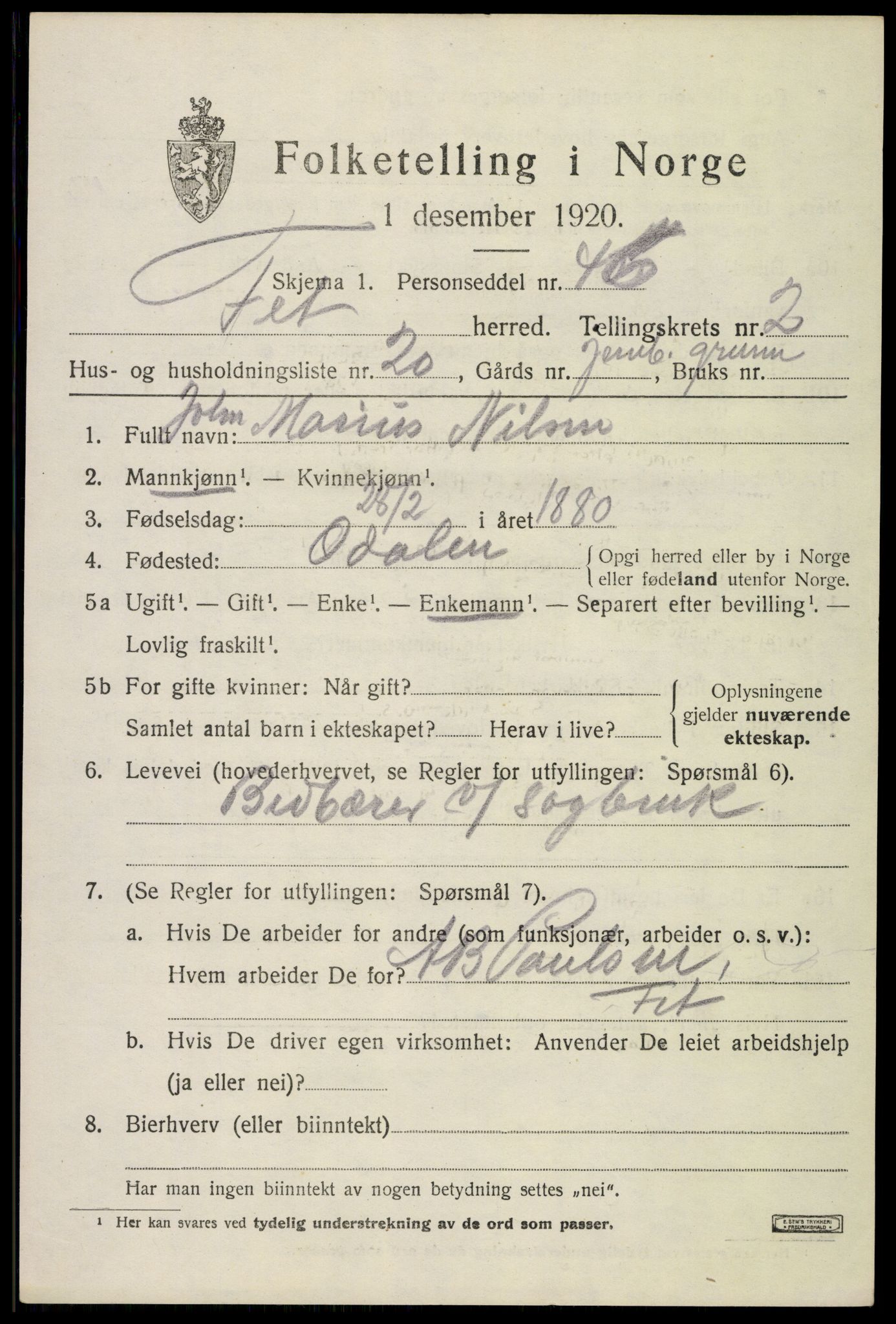 SAO, 1920 census for Fet, 1920, p. 3044