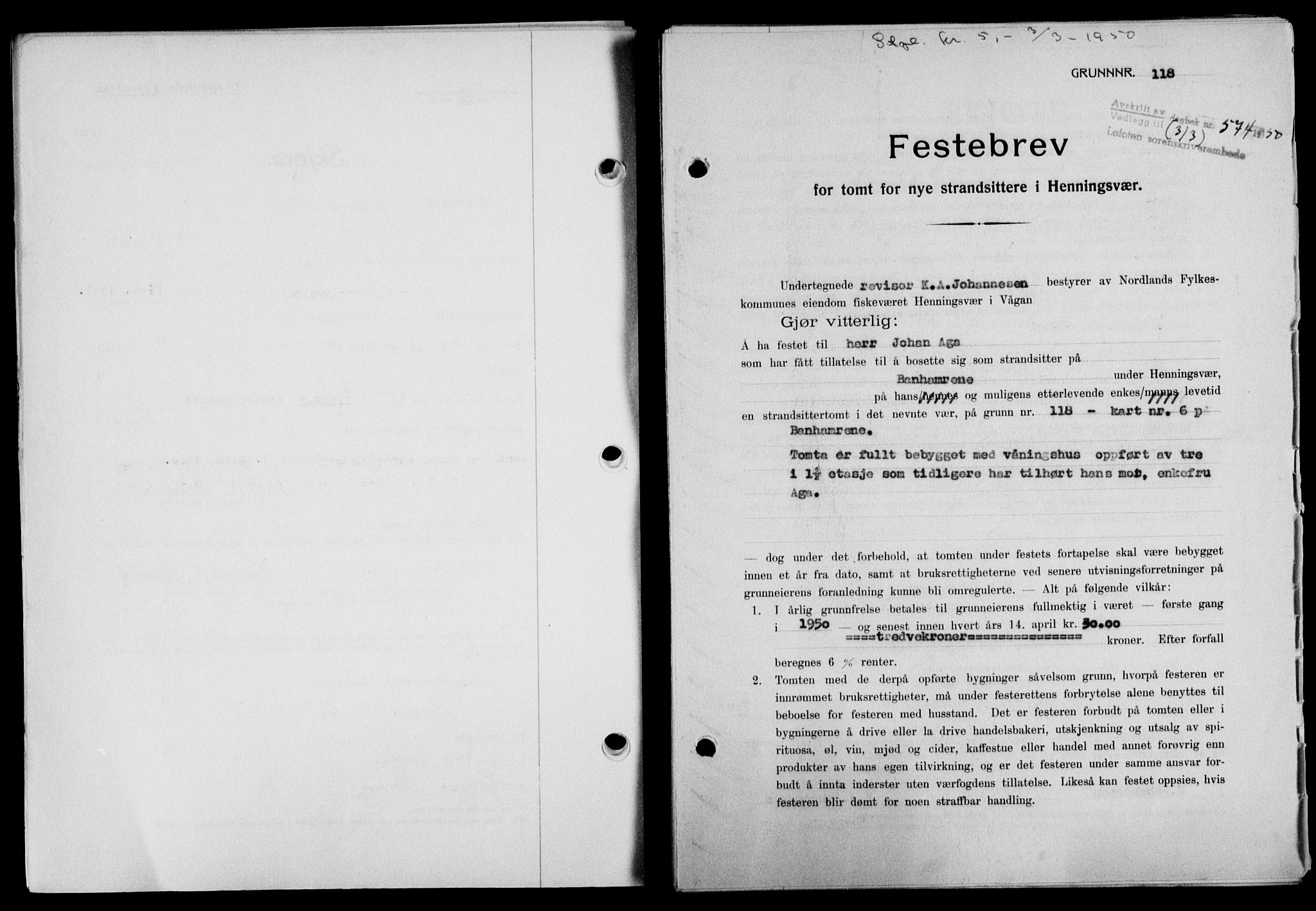Lofoten sorenskriveri, SAT/A-0017/1/2/2C/L0023a: Mortgage book no. 23a, 1950-1950, Diary no: : 574/1950