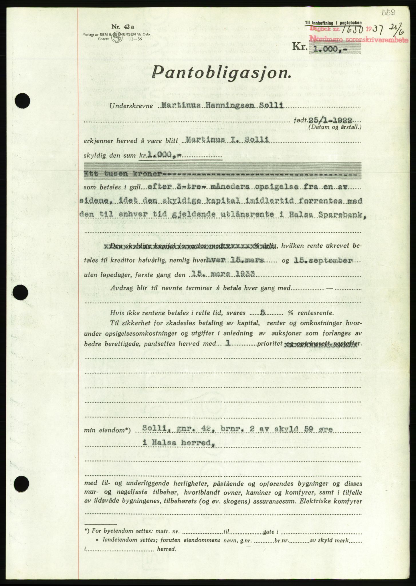 Nordmøre sorenskriveri, AV/SAT-A-4132/1/2/2Ca/L0091: Mortgage book no. B81, 1937-1937, Diary no: : 1650/1937