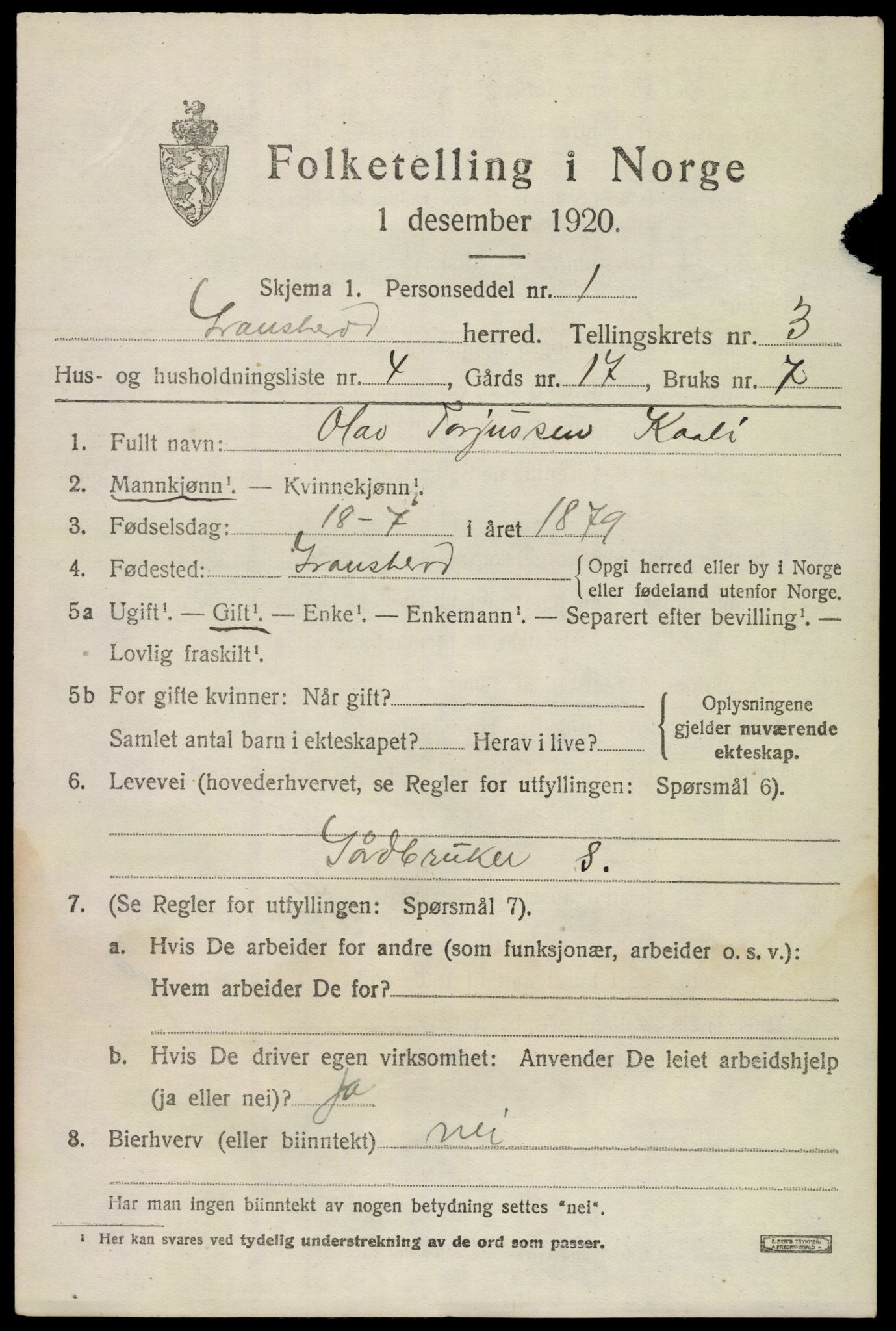 SAKO, 1920 census for Gransherad, 1920, p. 1438