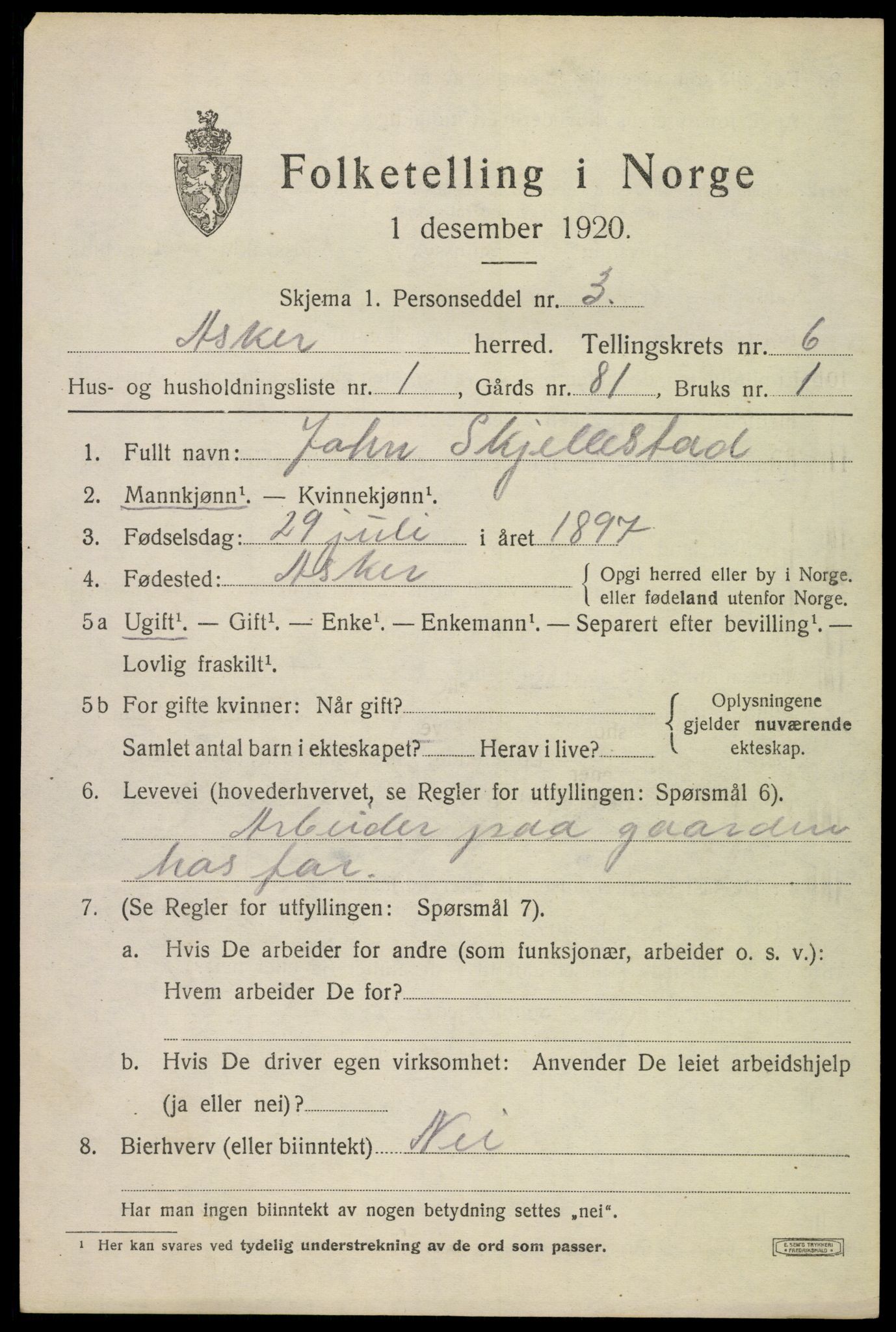 SAO, 1920 census for Asker, 1920, p. 14074