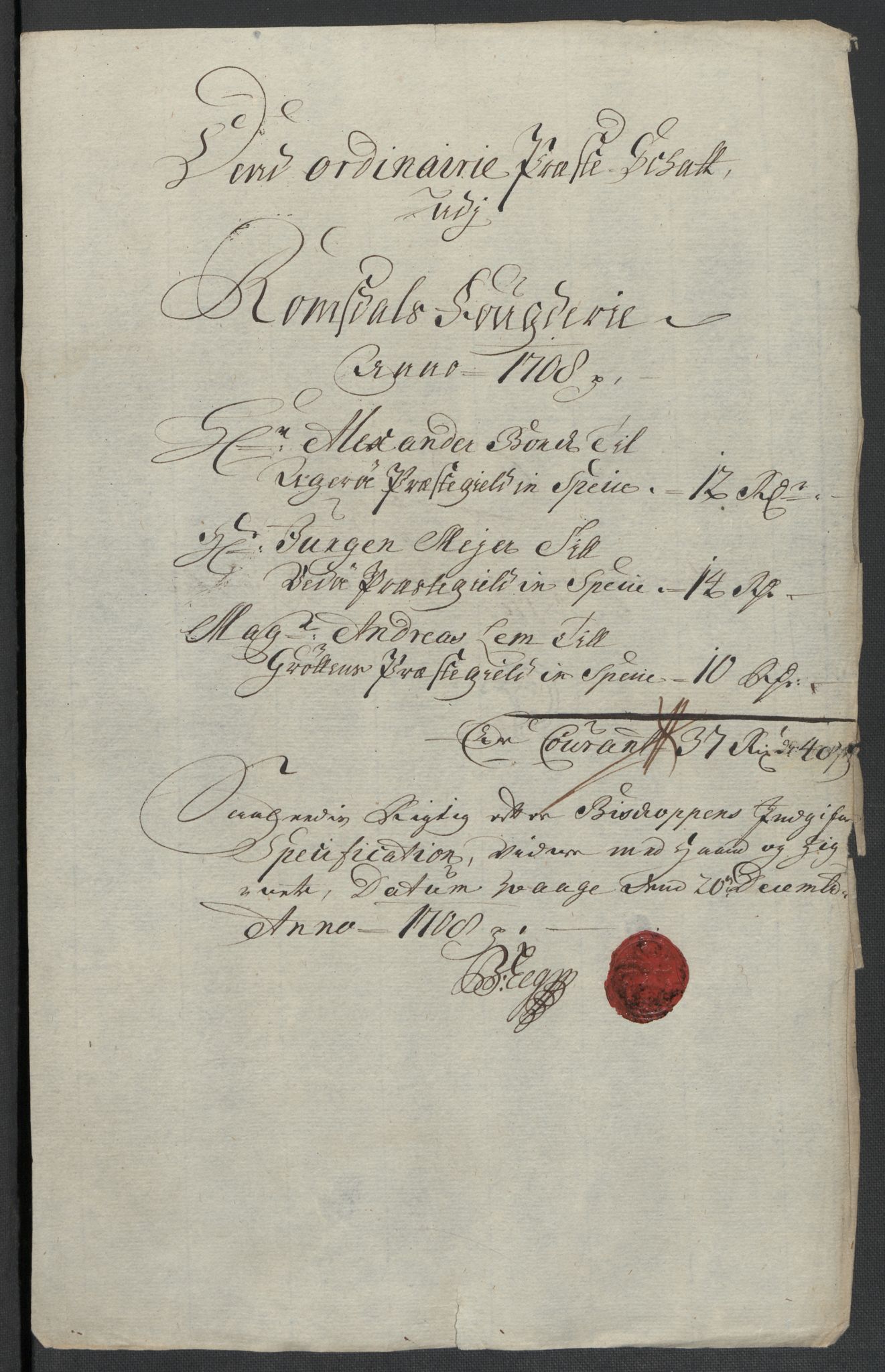Rentekammeret inntil 1814, Reviderte regnskaper, Fogderegnskap, RA/EA-4092/R55/L3658: Fogderegnskap Romsdal, 1707-1708, p. 250