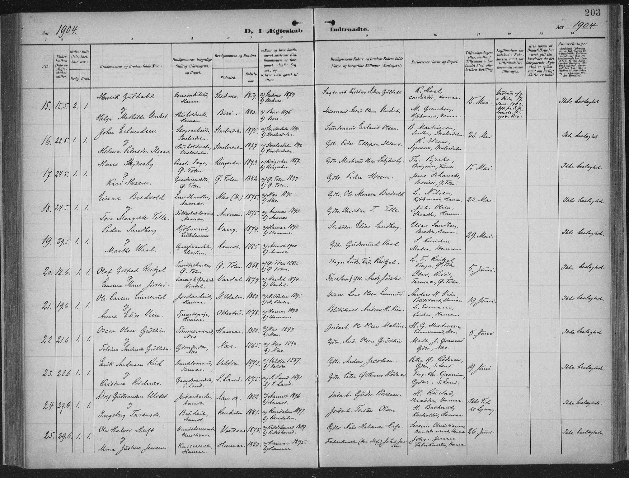 Hamar prestekontor, AV/SAH-DOMPH-002/H/Ha/Haa/L0001: Parish register (official) no. 1, 1900-1914, p. 203