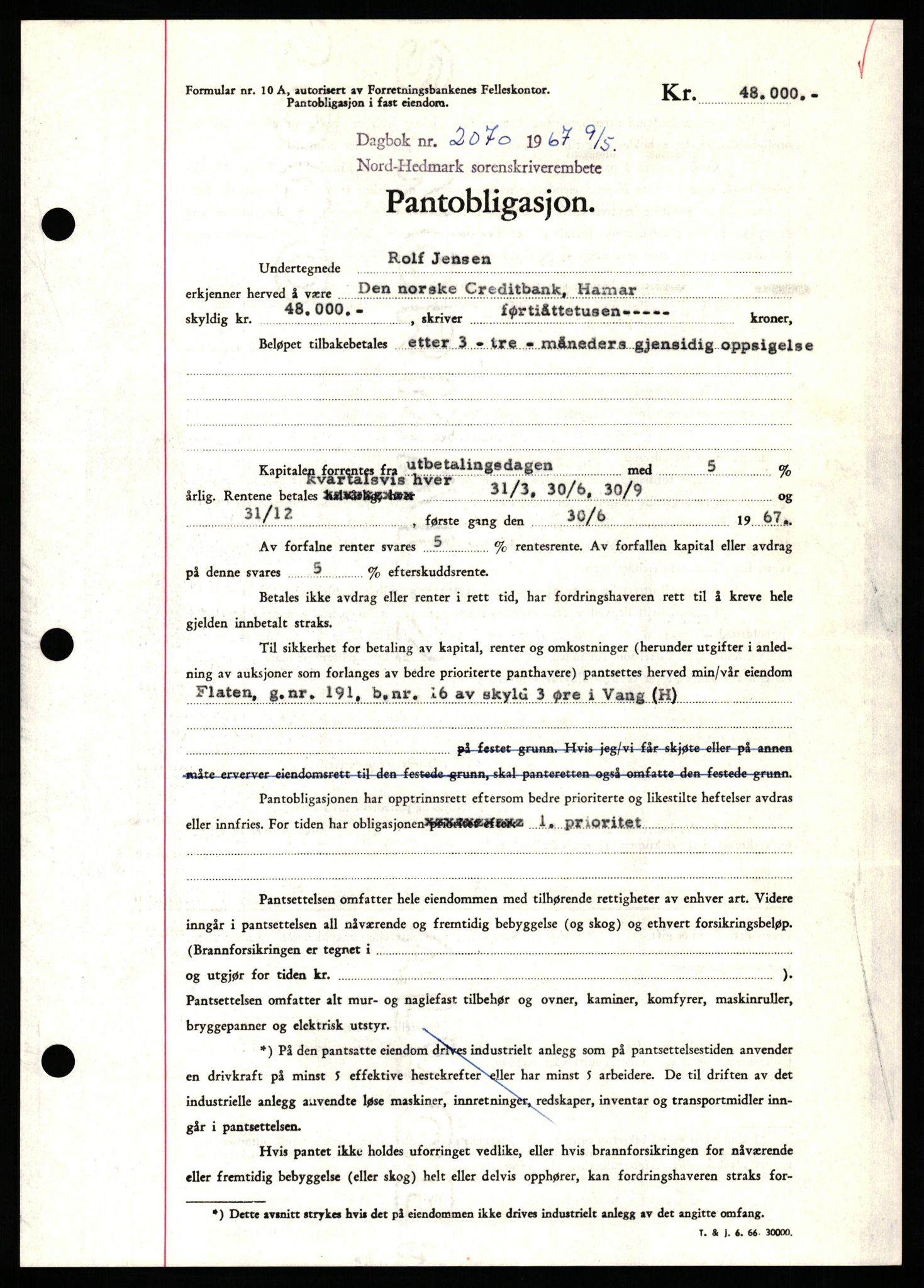 Nord-Hedmark sorenskriveri, SAH/TING-012/H/Hb/Hbf/L0071: Mortgage book no. B71, 1967-1967, Diary no: : 2070/1967