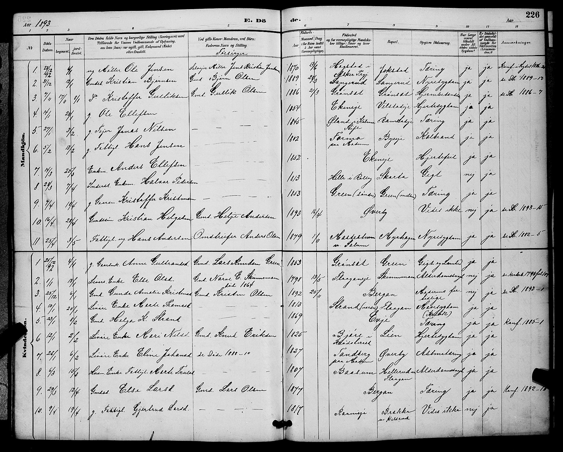 Sigdal kirkebøker, SAKO/A-245/G/Ga/L0005: Parish register (copy) no. I 5, 1886-1900, p. 226