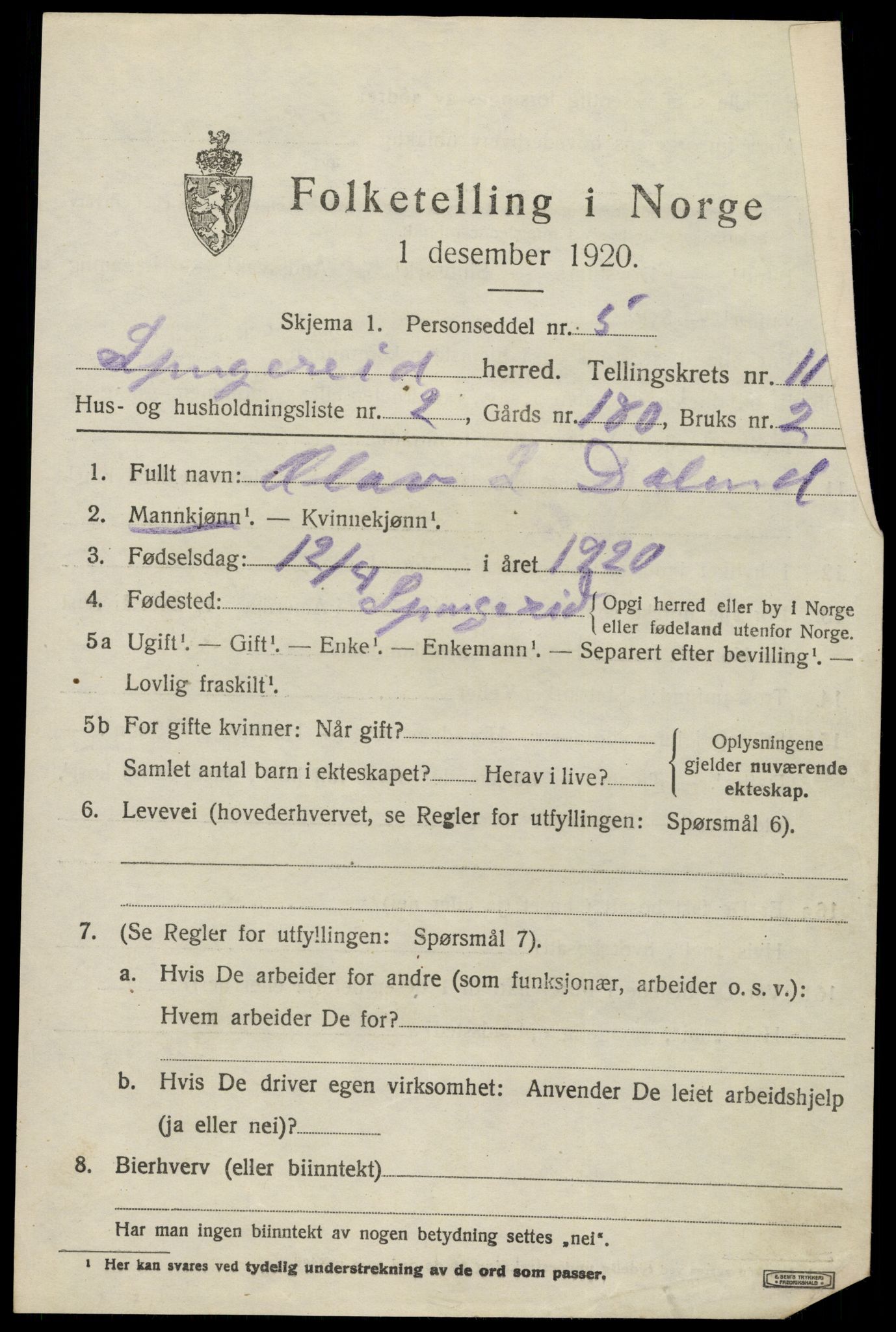 SAK, 1920 census for Spangereid, 1920, p. 3671