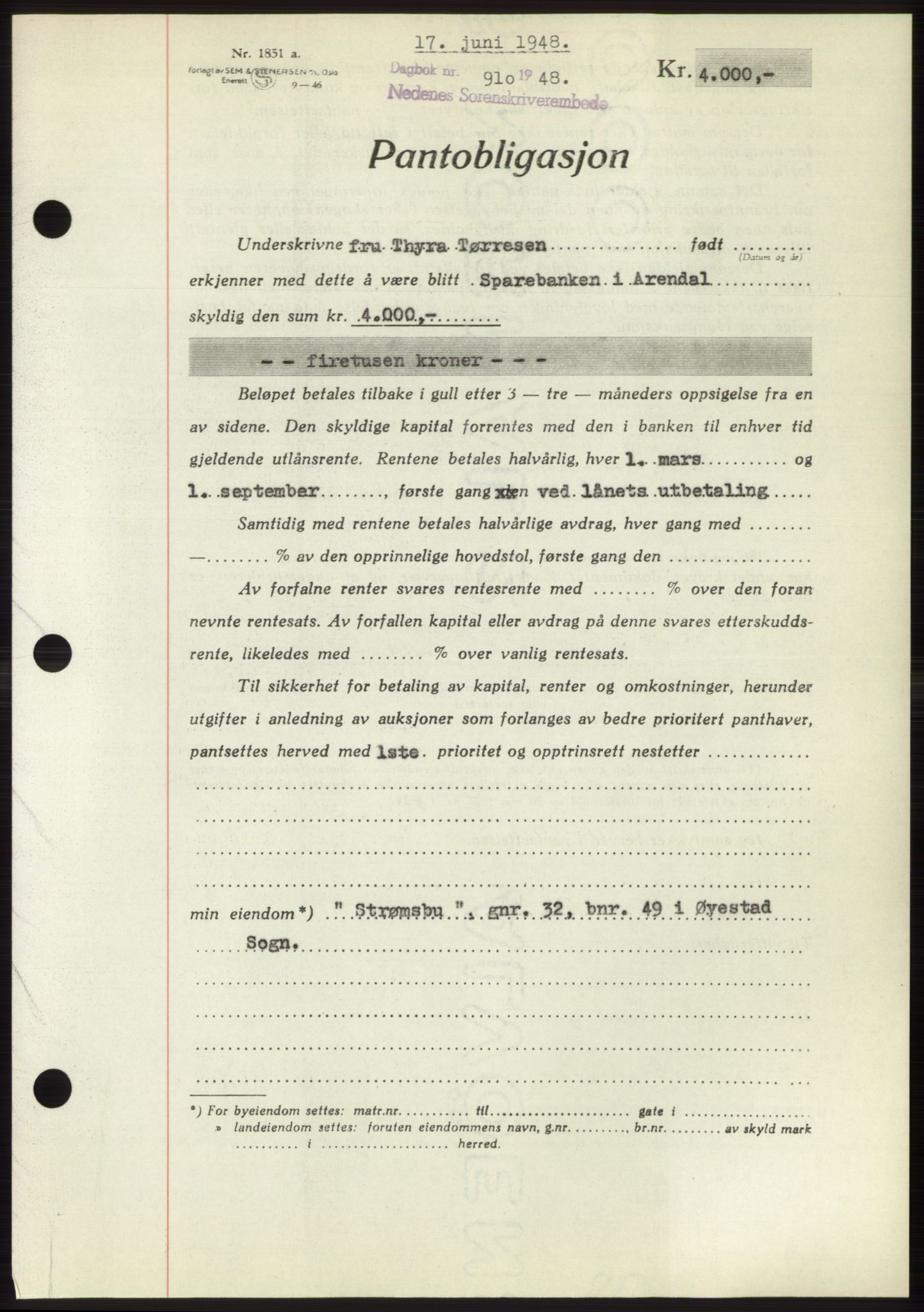 Nedenes sorenskriveri, AV/SAK-1221-0006/G/Gb/Gbb/L0005: Mortgage book no. B5, 1948-1948, Diary no: : 910/1948