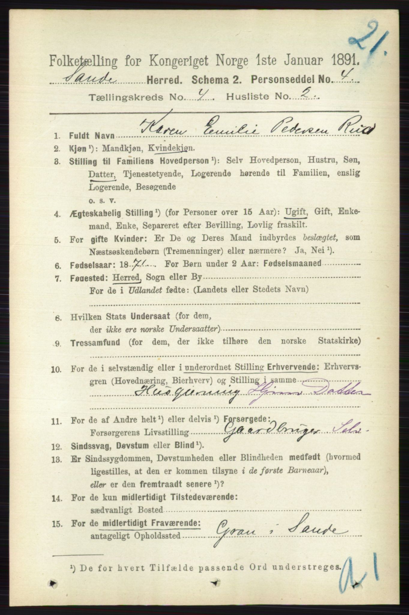 RA, 1891 census for 0713 Sande, 1891, p. 1491