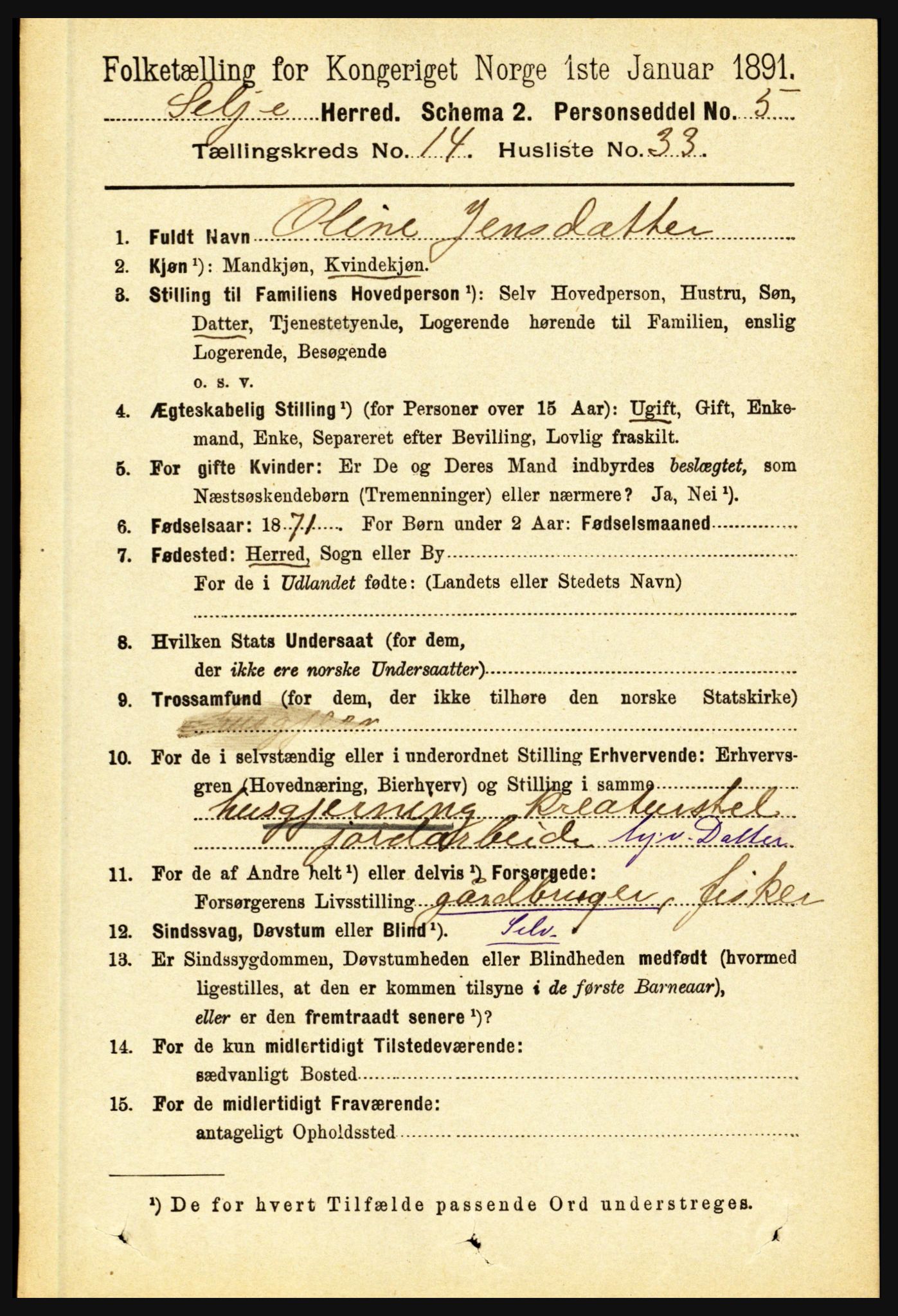 RA, 1891 census for 1441 Selje, 1891, p. 4635