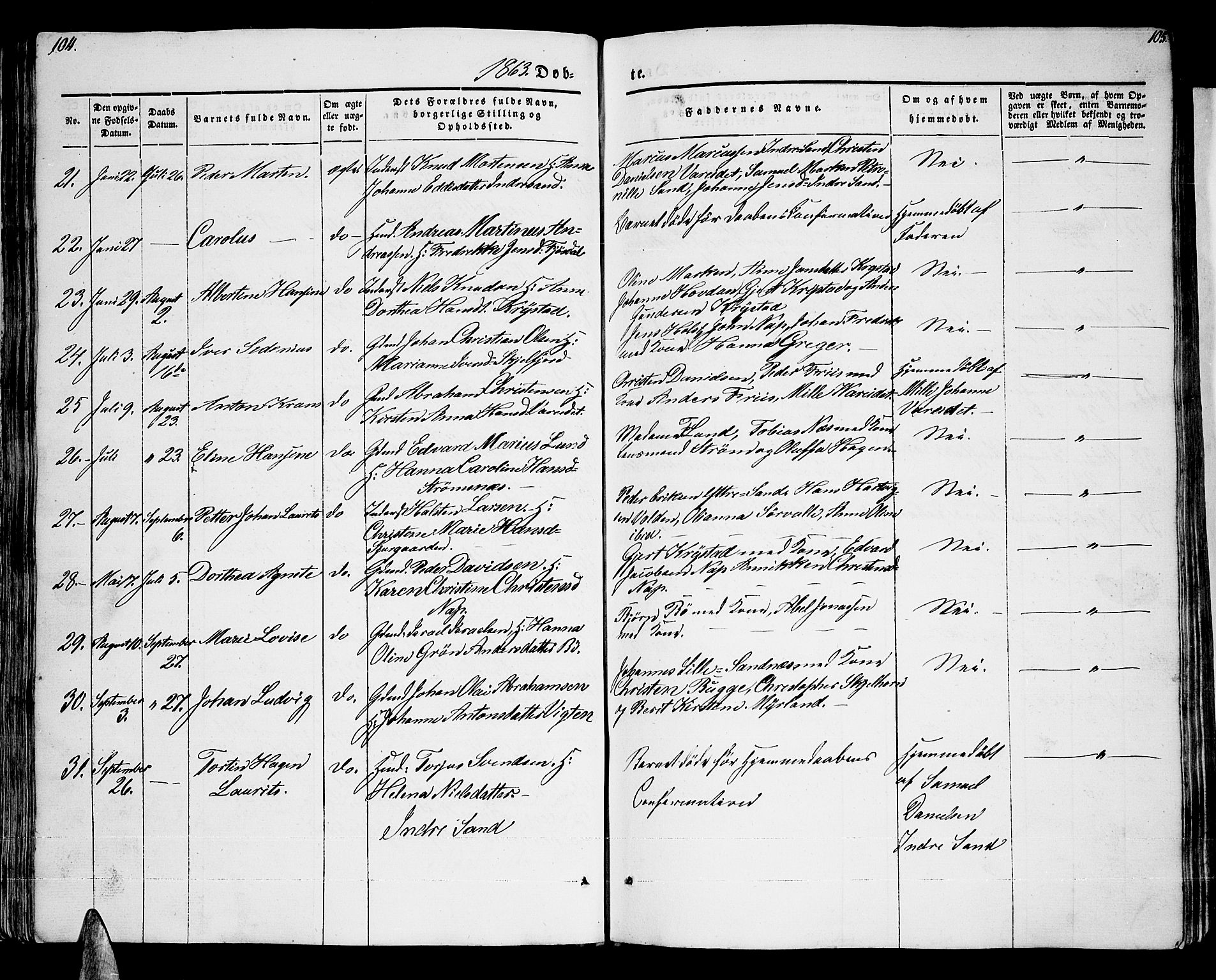 Ministerialprotokoller, klokkerbøker og fødselsregistre - Nordland, AV/SAT-A-1459/885/L1212: Parish register (copy) no. 885C01, 1847-1873, p. 104-105