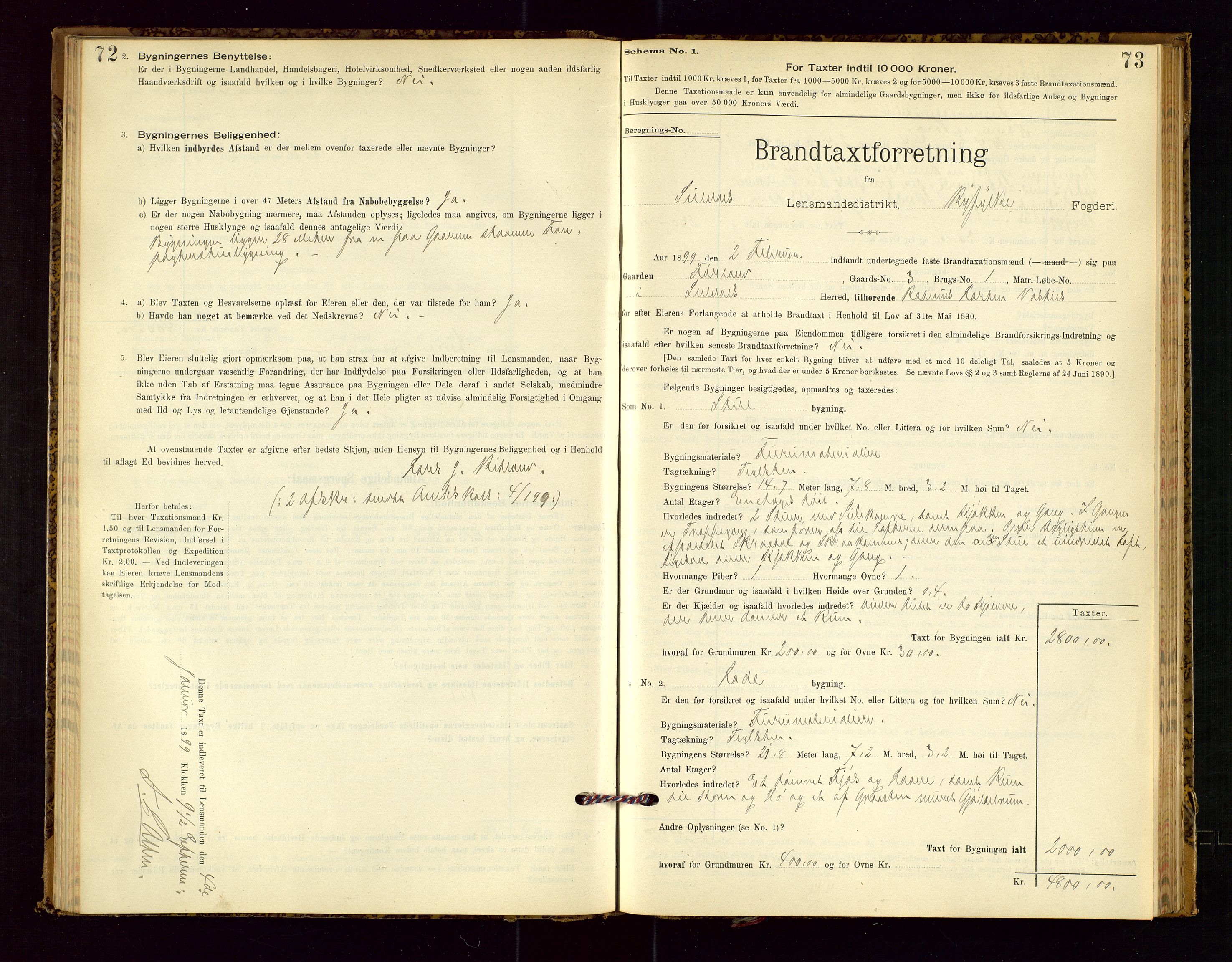 Suldal lensmannskontor, SAST/A-100419/Gob/L0001: "Brandtaxationsprotokol", 1894-1923, p. 72-73