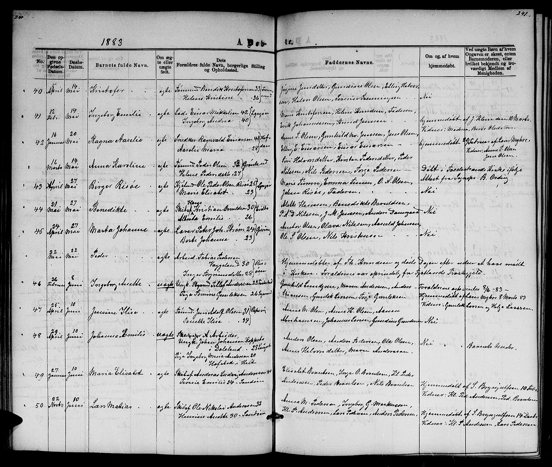 Dypvåg sokneprestkontor, AV/SAK-1111-0007/F/Fb/Fba/L0012: Parish register (copy) no. B 12, 1872-1886, p. 240-241