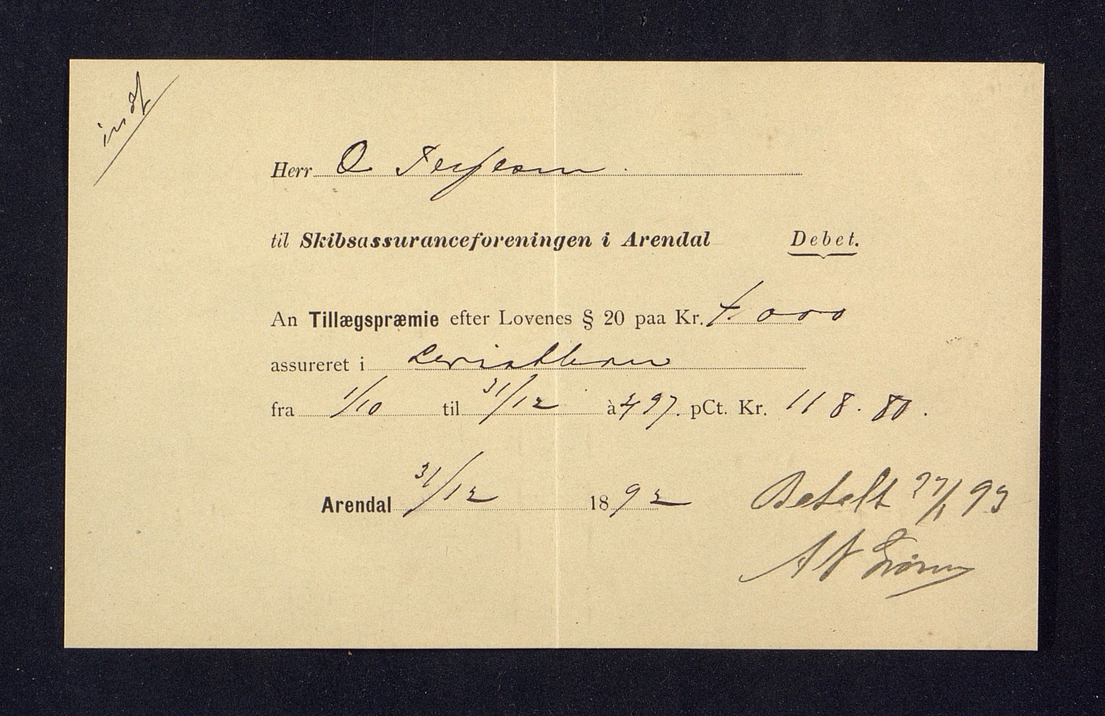 O. Terjesens rederi, AAKS/PA-2525/R/R02/L0001: Regnskapsbilag, 1884-1898