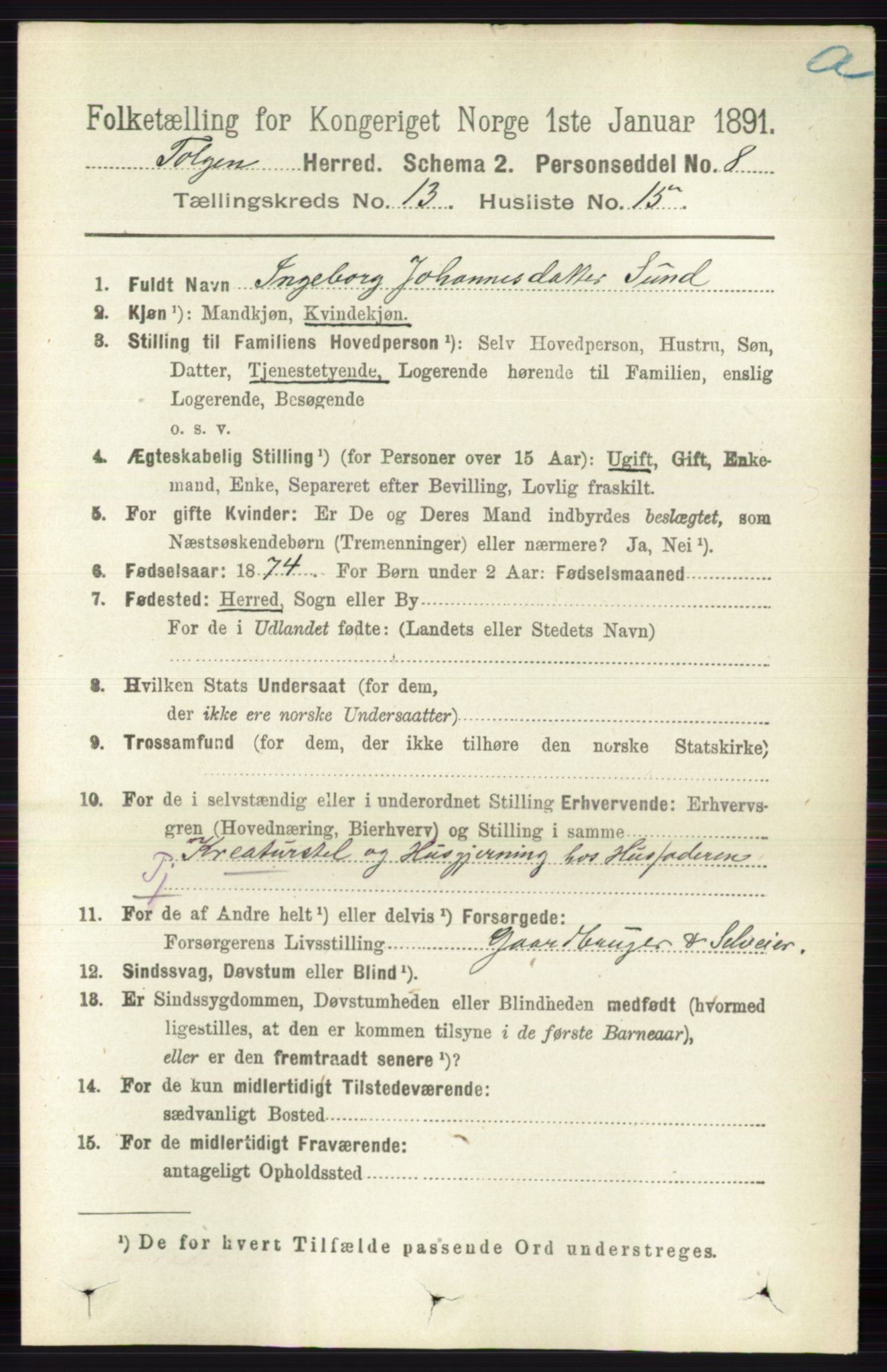 RA, 1891 census for 0436 Tolga, 1891, p. 3990