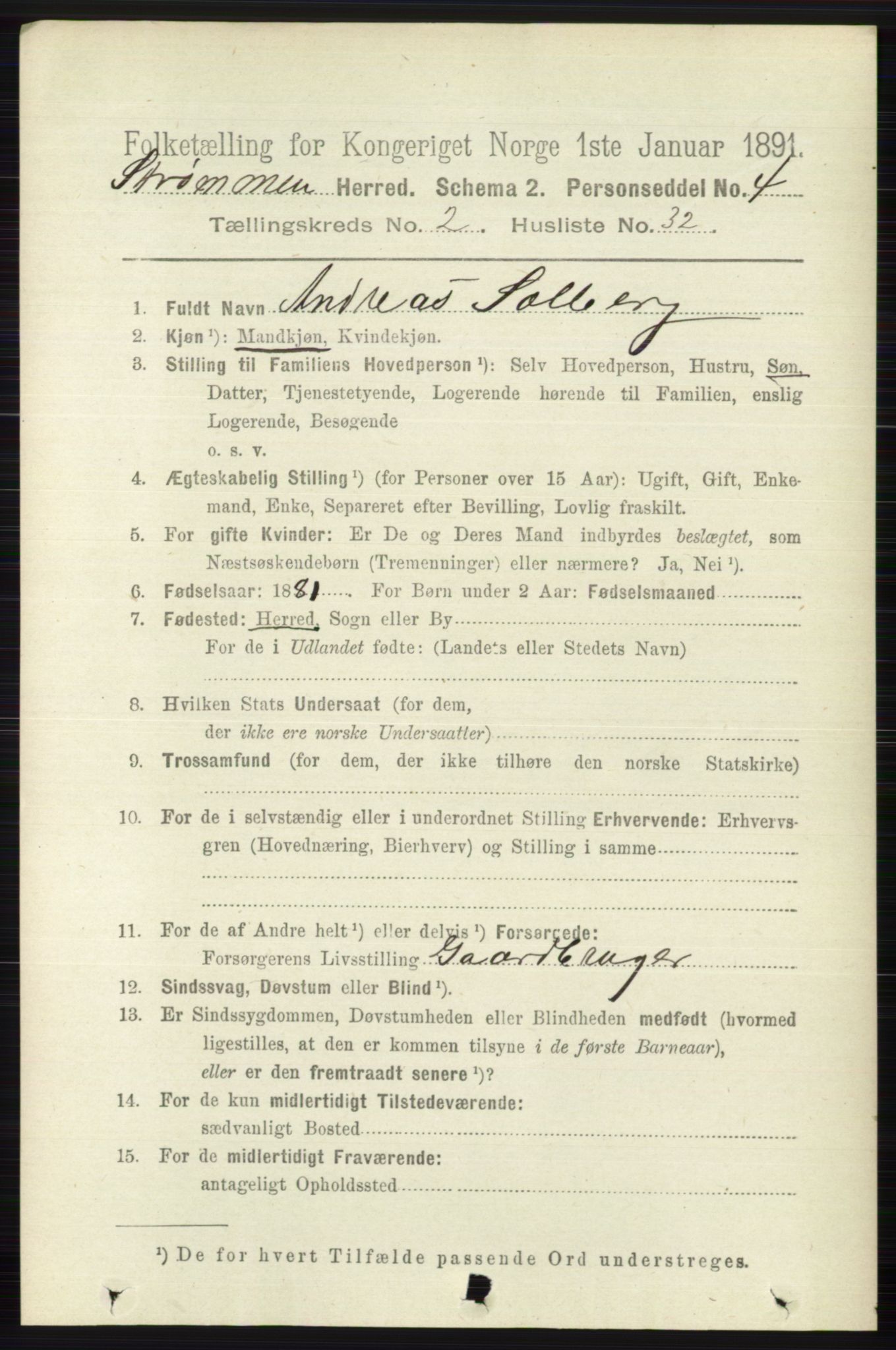 RA, 1891 census for 0711 Strømm, 1891, p. 882