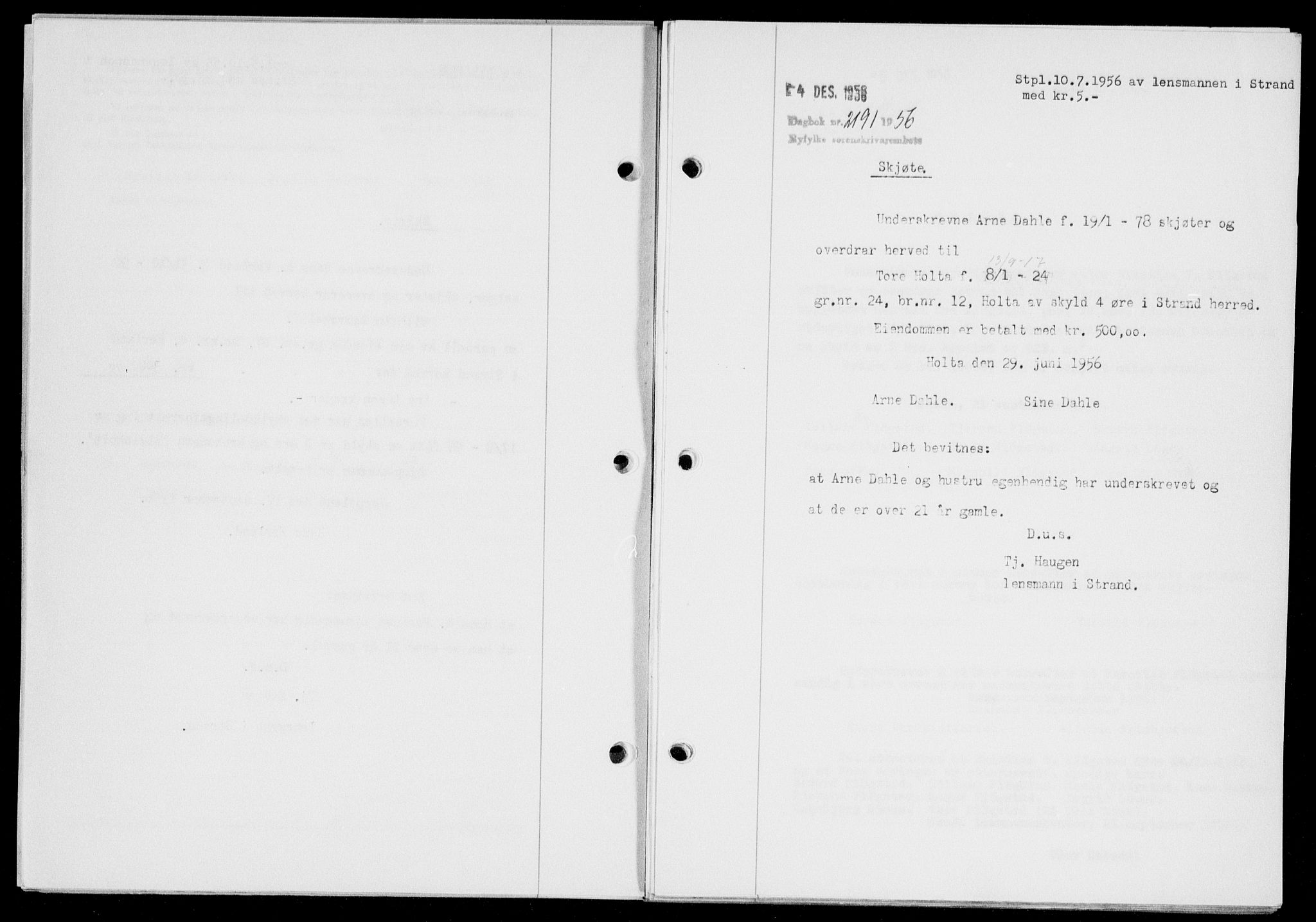 Ryfylke tingrett, SAST/A-100055/001/II/IIB/L0135: Mortgage book no. 114, 1956-1957, Diary no: : 2191/1956