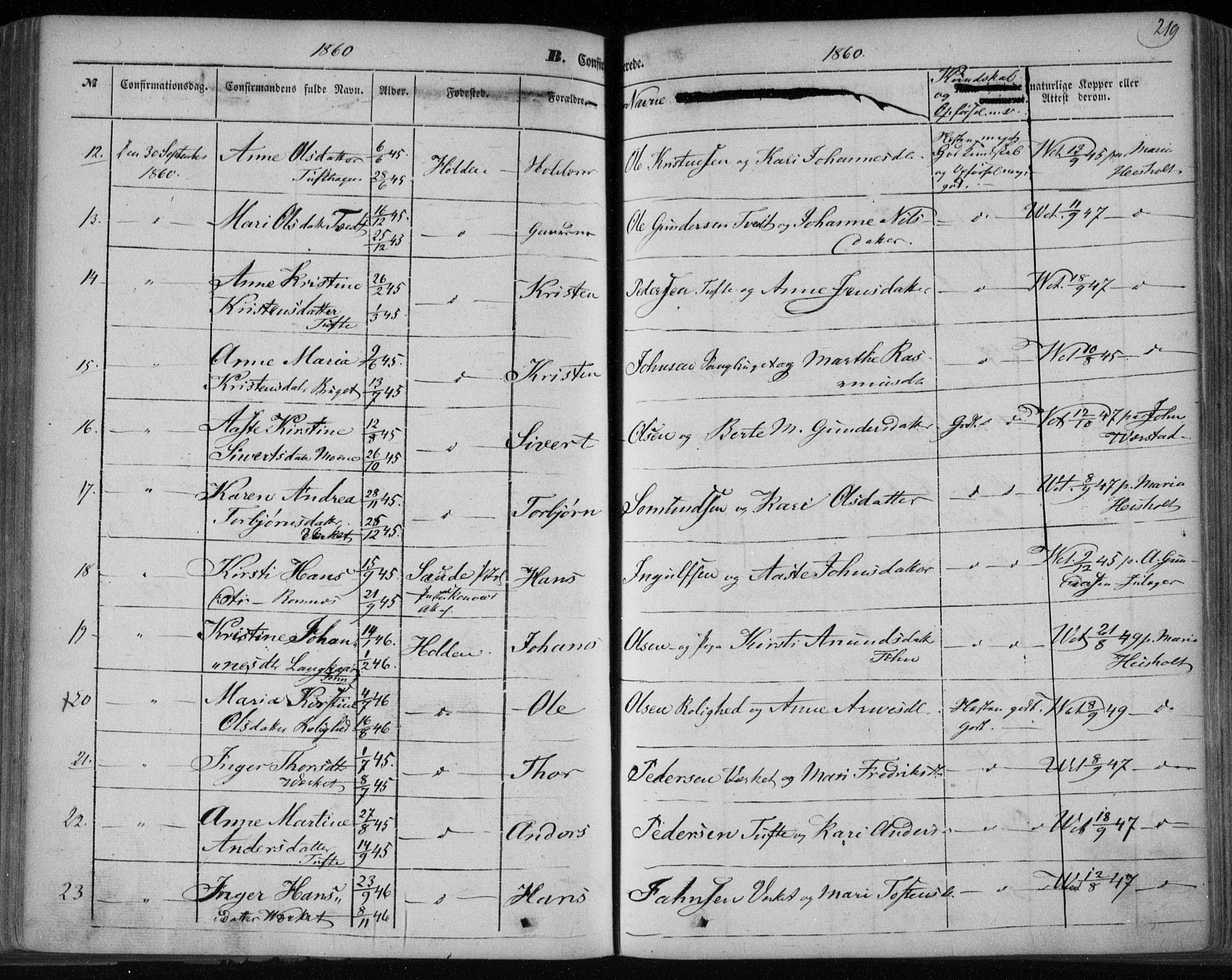 Holla kirkebøker, AV/SAKO-A-272/F/Fa/L0005: Parish register (official) no. 5, 1849-1860, p. 219