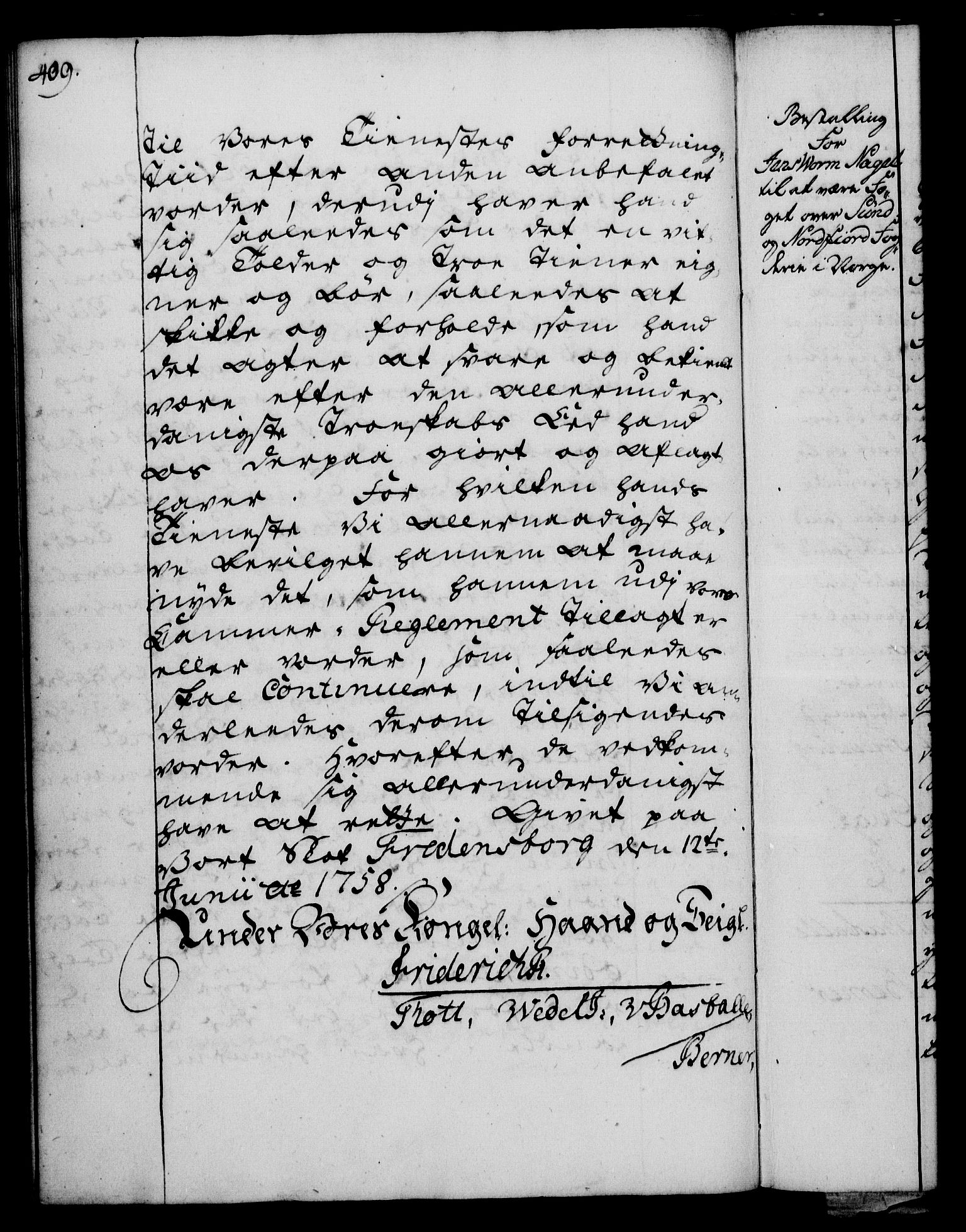 Rentekammeret, Kammerkanselliet, RA/EA-3111/G/Gg/Gge/L0003: Norsk bestallingsprotokoll med register (merket RK 53.27), 1745-1761, p. 409