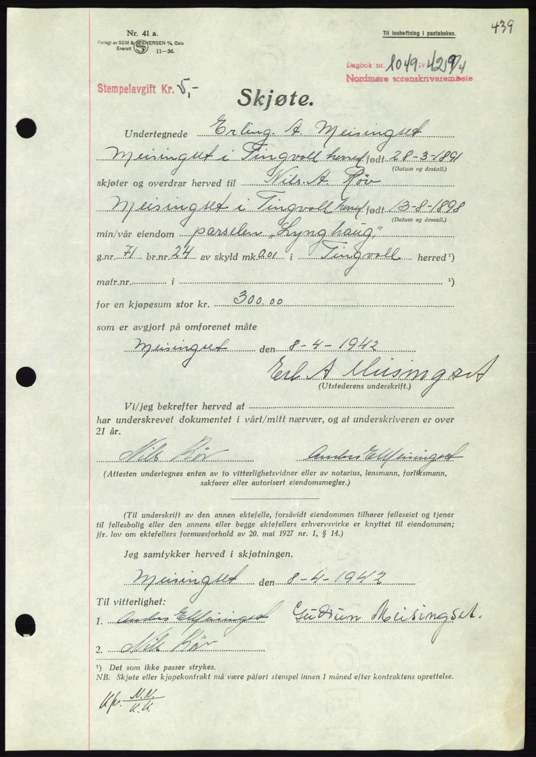 Nordmøre sorenskriveri, AV/SAT-A-4132/1/2/2Ca: Mortgage book no. A92, 1942-1942, Diary no: : 1049/1942