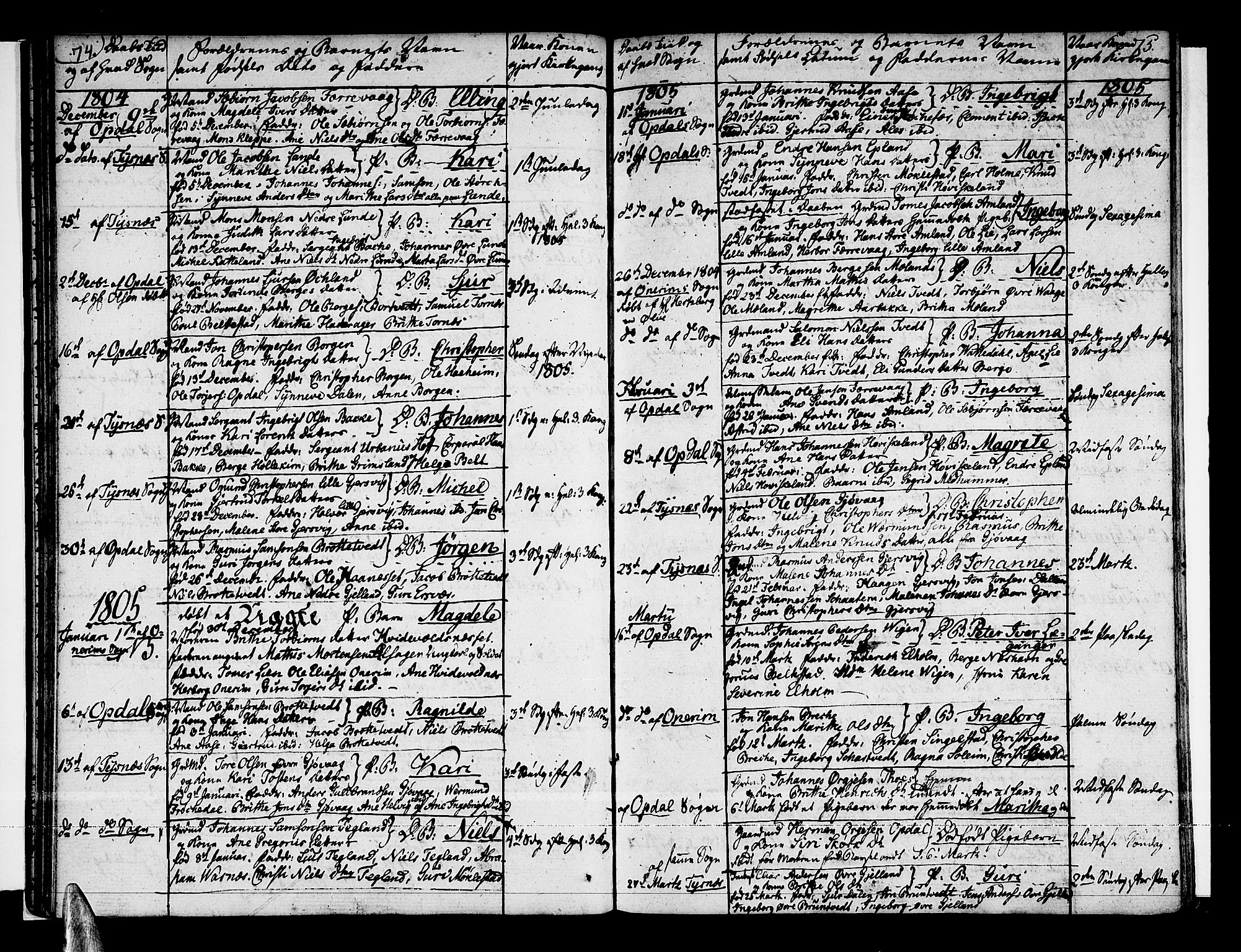 Tysnes sokneprestembete, AV/SAB-A-78601/H/Haa: Parish register (official) no. A 6, 1804-1816, p. 74-75