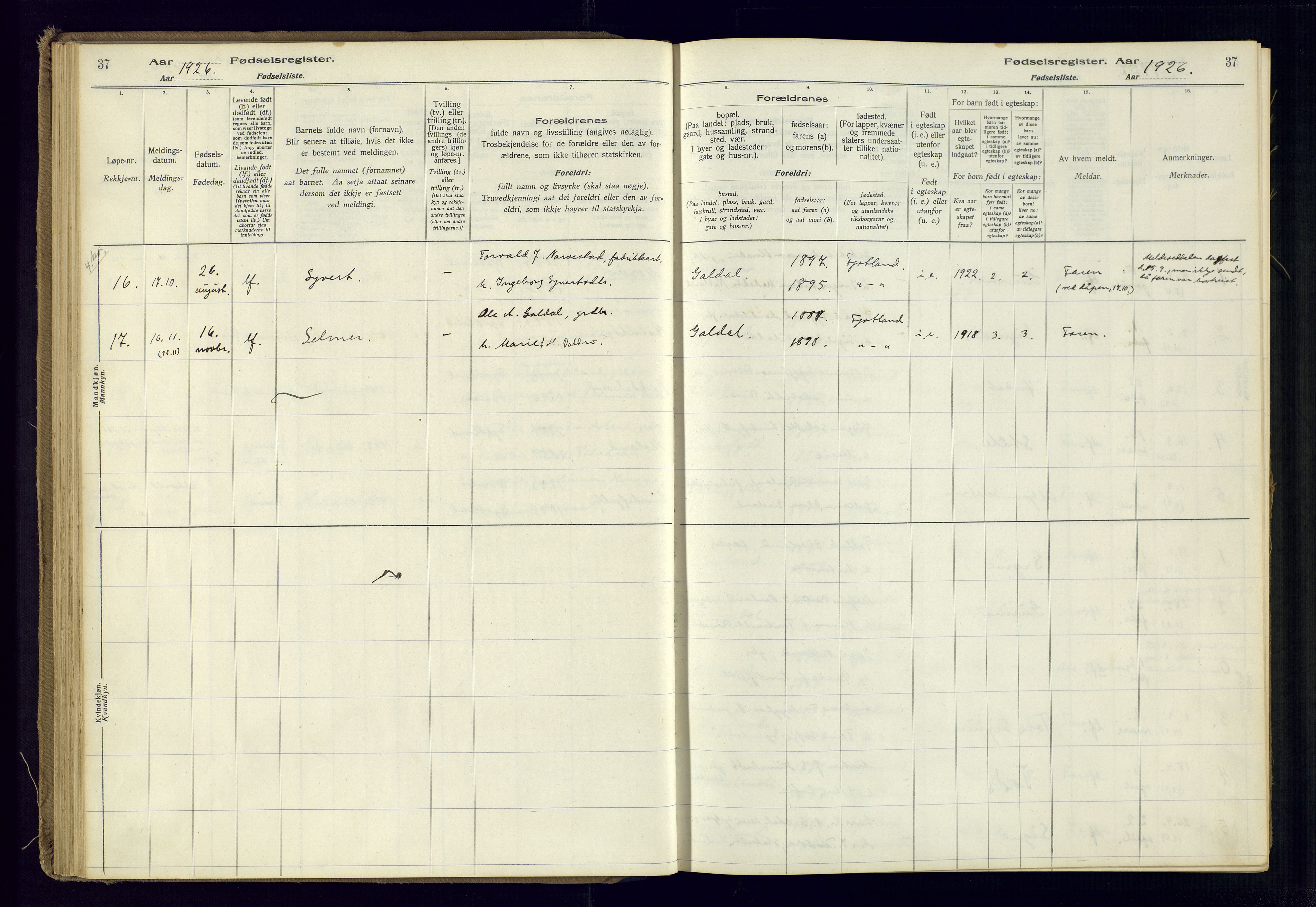 Fjotland sokneprestkontor, AV/SAK-1111-0010/J/Ja/L0001: Birth register no. 1, 1916-1981, p. 37