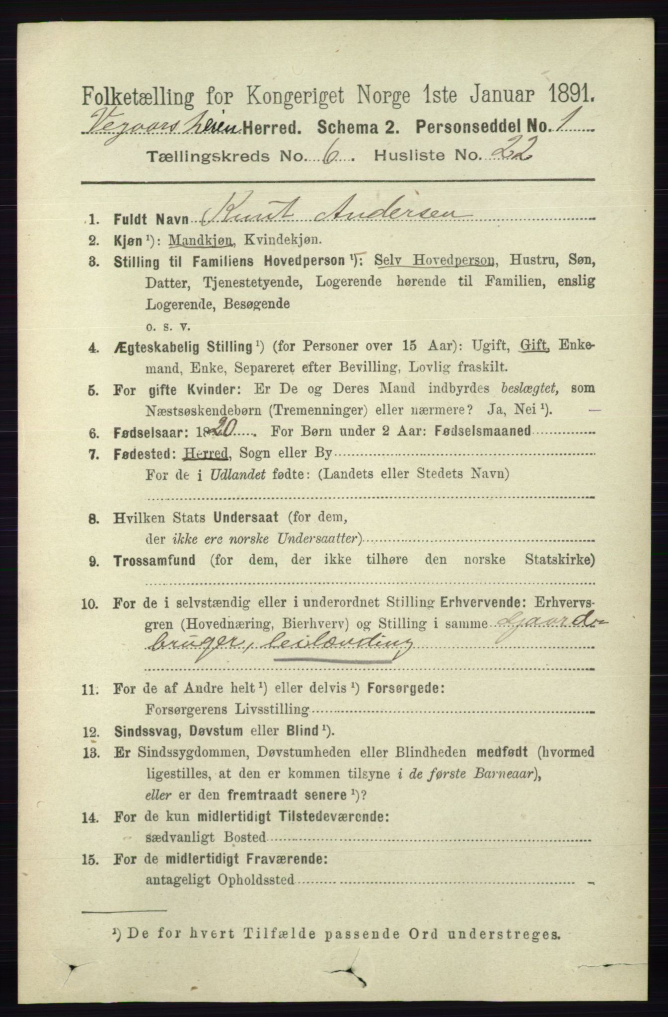 RA, 1891 census for 0912 Vegårshei, 1891, p. 1297