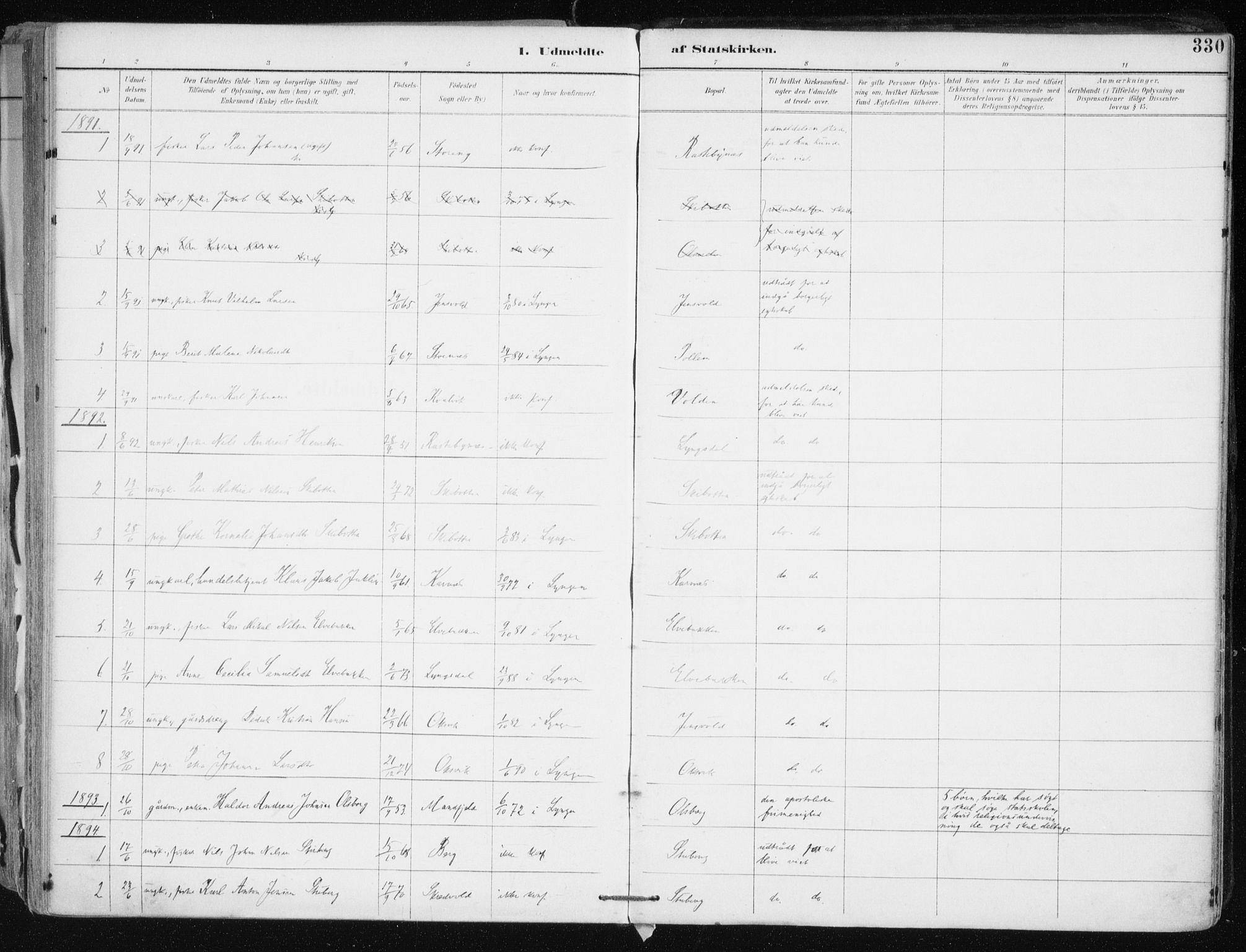 Lyngen sokneprestembete, SATØ/S-1289/H/He/Hea/L0008kirke: Parish register (official) no. 8, 1891-1902, p. 330