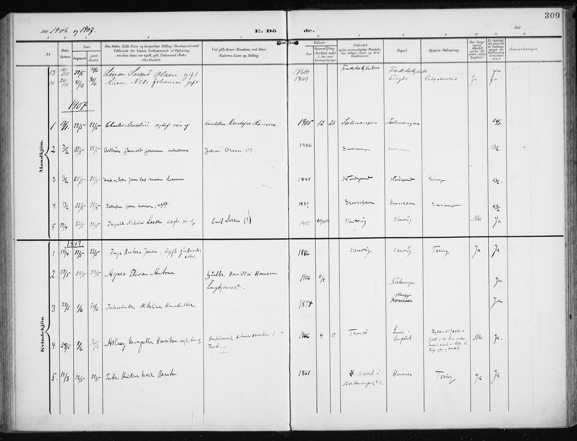 Karlsøy sokneprestembete, AV/SATØ-S-1299/H/Ha/Haa/L0014kirke: Parish register (official) no. 14, 1903-1917, p. 309