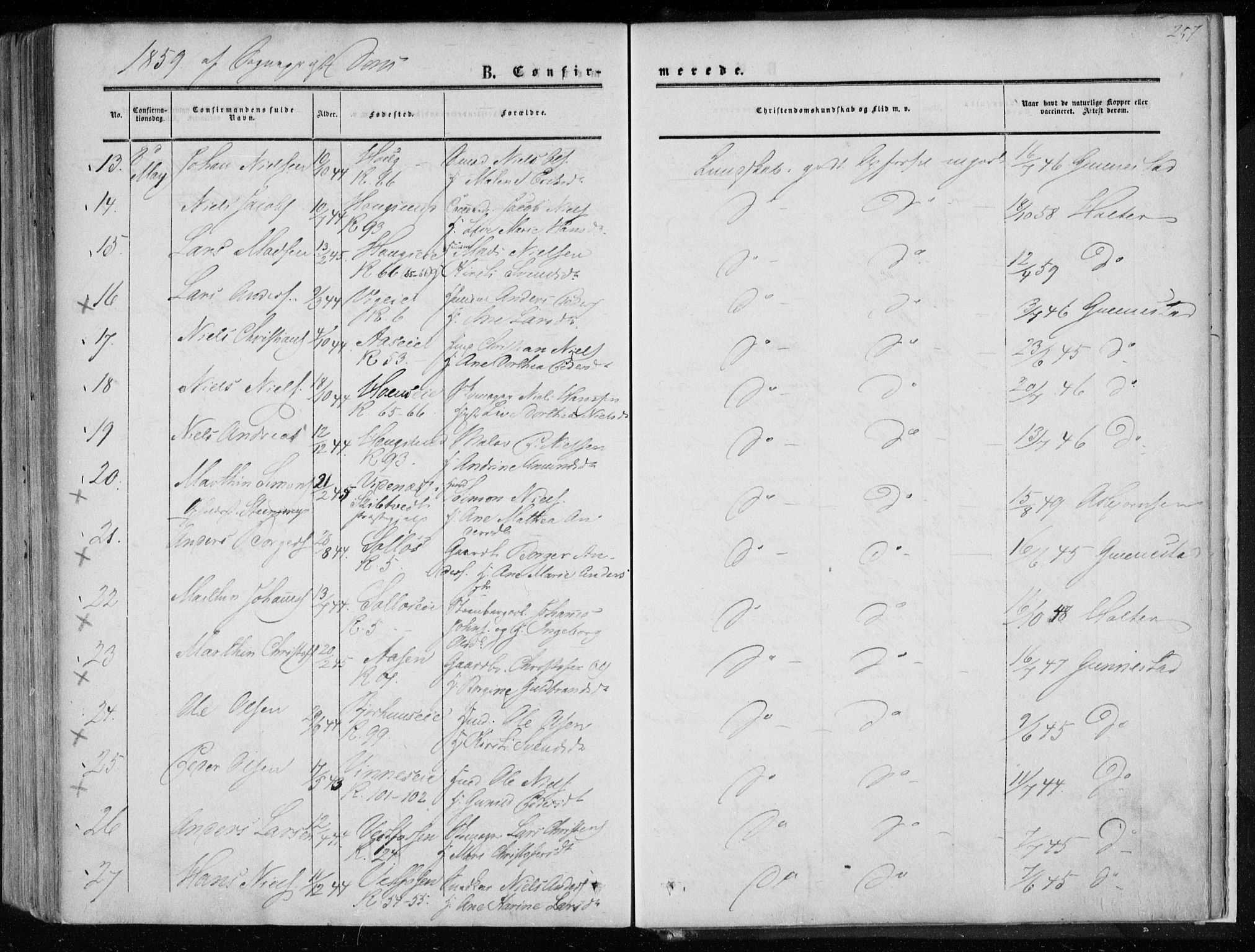 Eiker kirkebøker, AV/SAKO-A-4/F/Fa/L0015a: Parish register (official) no. I 15A, 1854-1860, p. 257