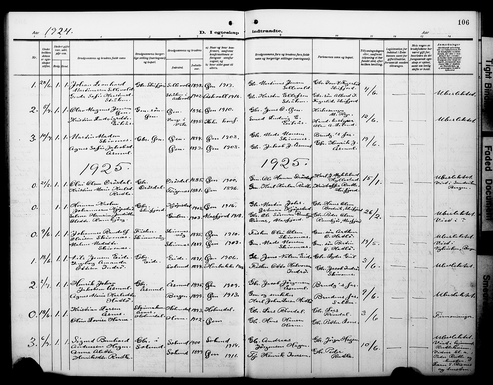 Hyllestad sokneprestembete, AV/SAB-A-80401: Parish register (copy) no. C 4, 1914-1927, p. 106
