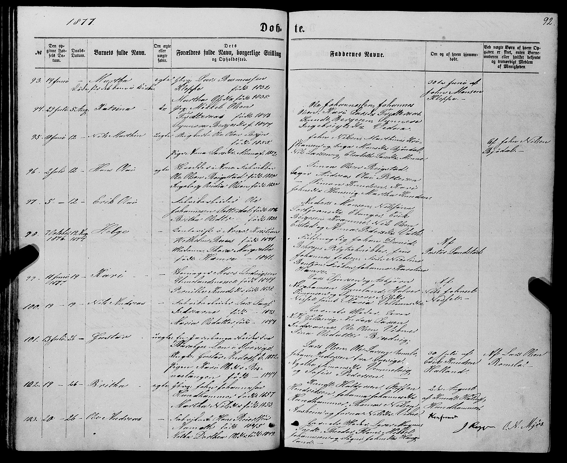 Haus sokneprestembete, SAB/A-75601/H/Haa: Parish register (official) no. A 18, 1871-1877, p. 92
