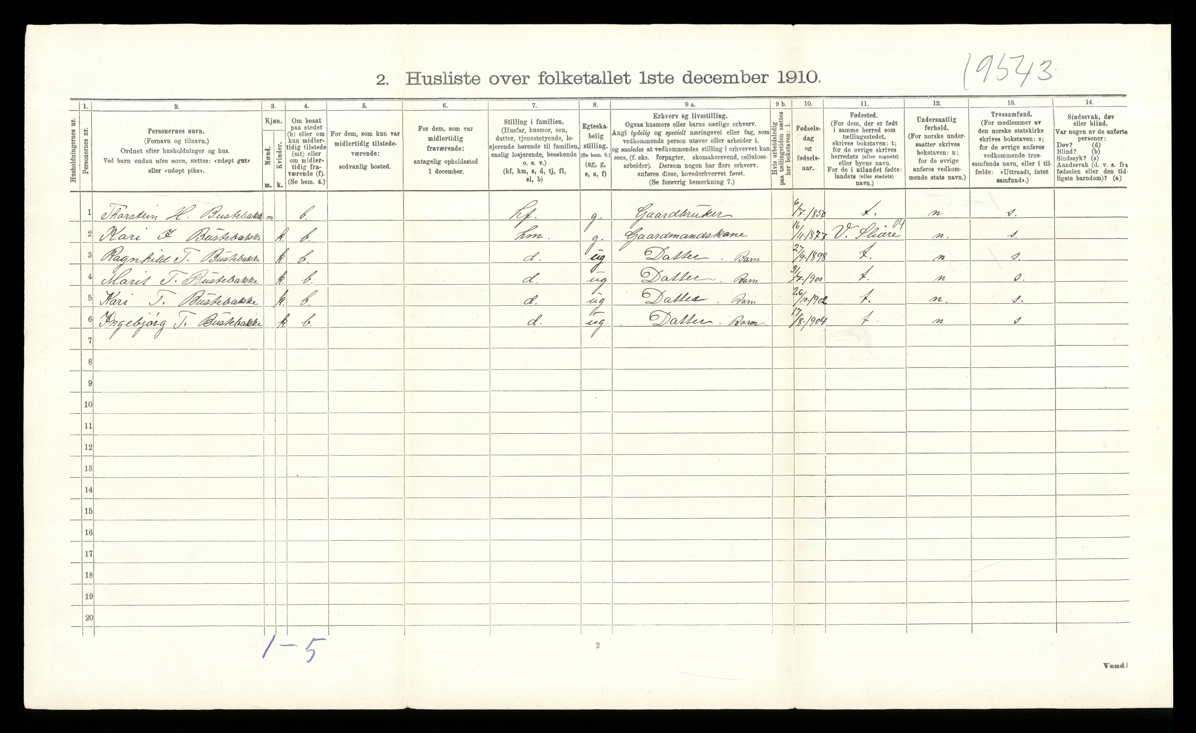 RA, 1910 census for Øystre Slidre, 1910, p. 525