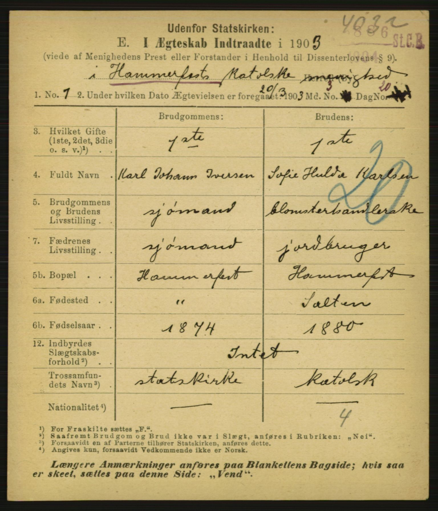 Statistisk sentralbyrå, Sosiodemografiske emner, Befolkning, AV/RA-S-2228/E/L0001: Fødte, gifte, døde dissentere., 1903, p. 2225