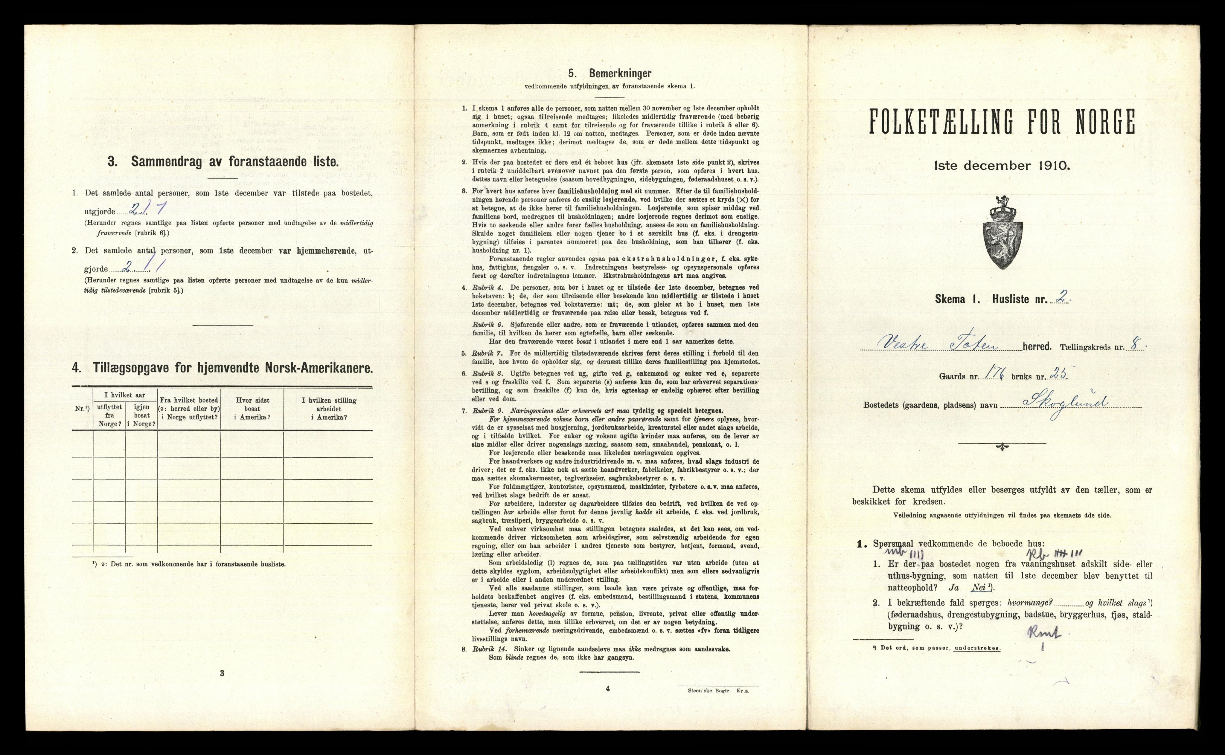 RA, 1910 census for Vestre Toten, 1910, p. 1115