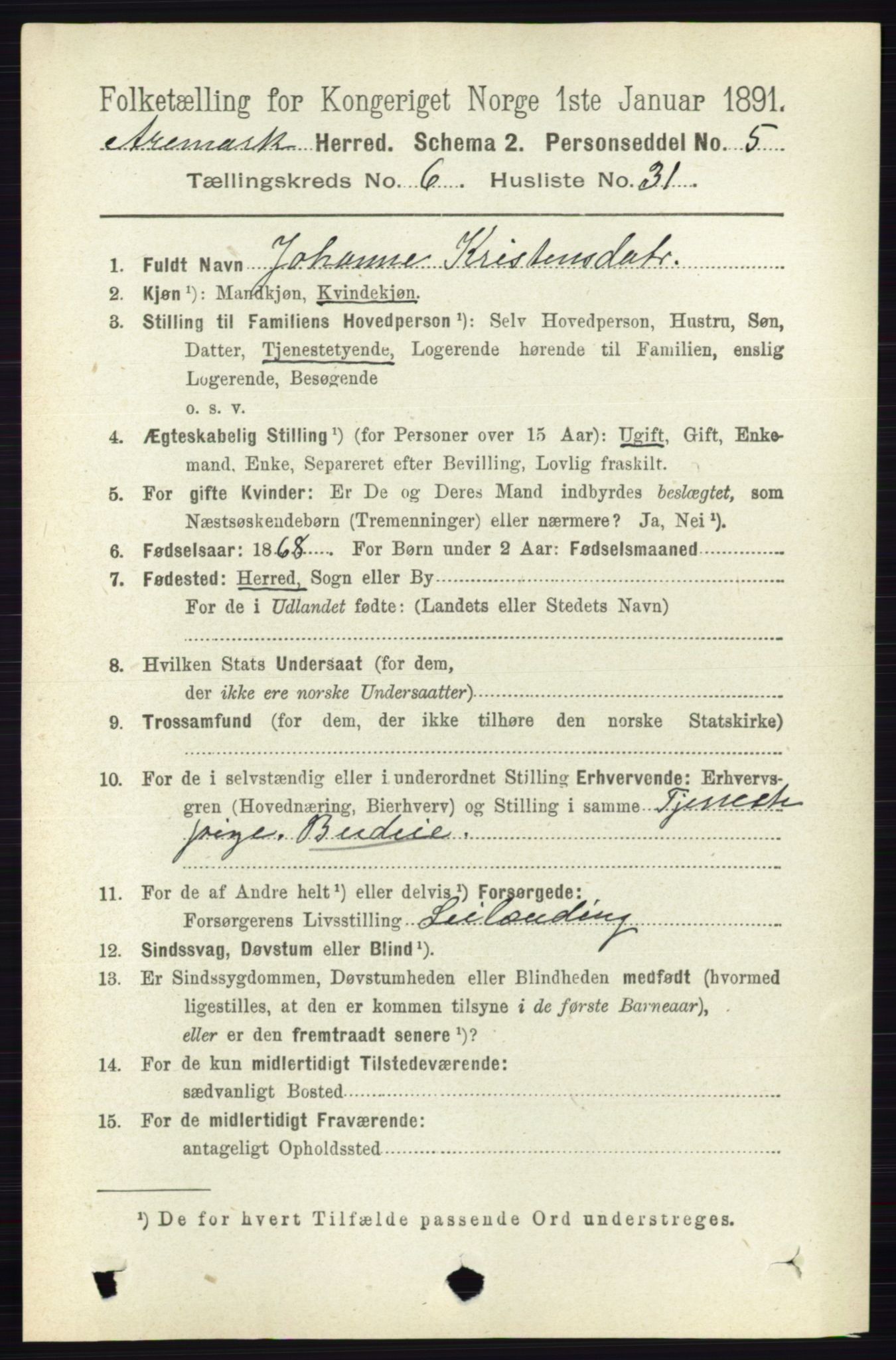 RA, 1891 census for 0118 Aremark, 1891, p. 3291