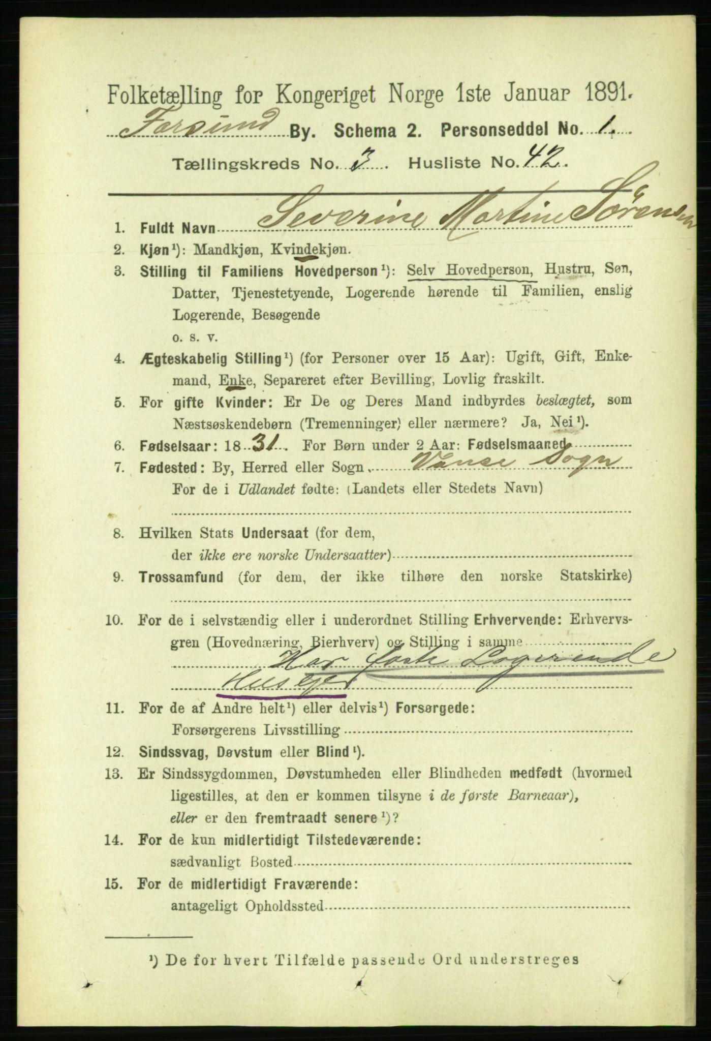 RA, 1891 census for 1003 Farsund, 1891, p. 1627