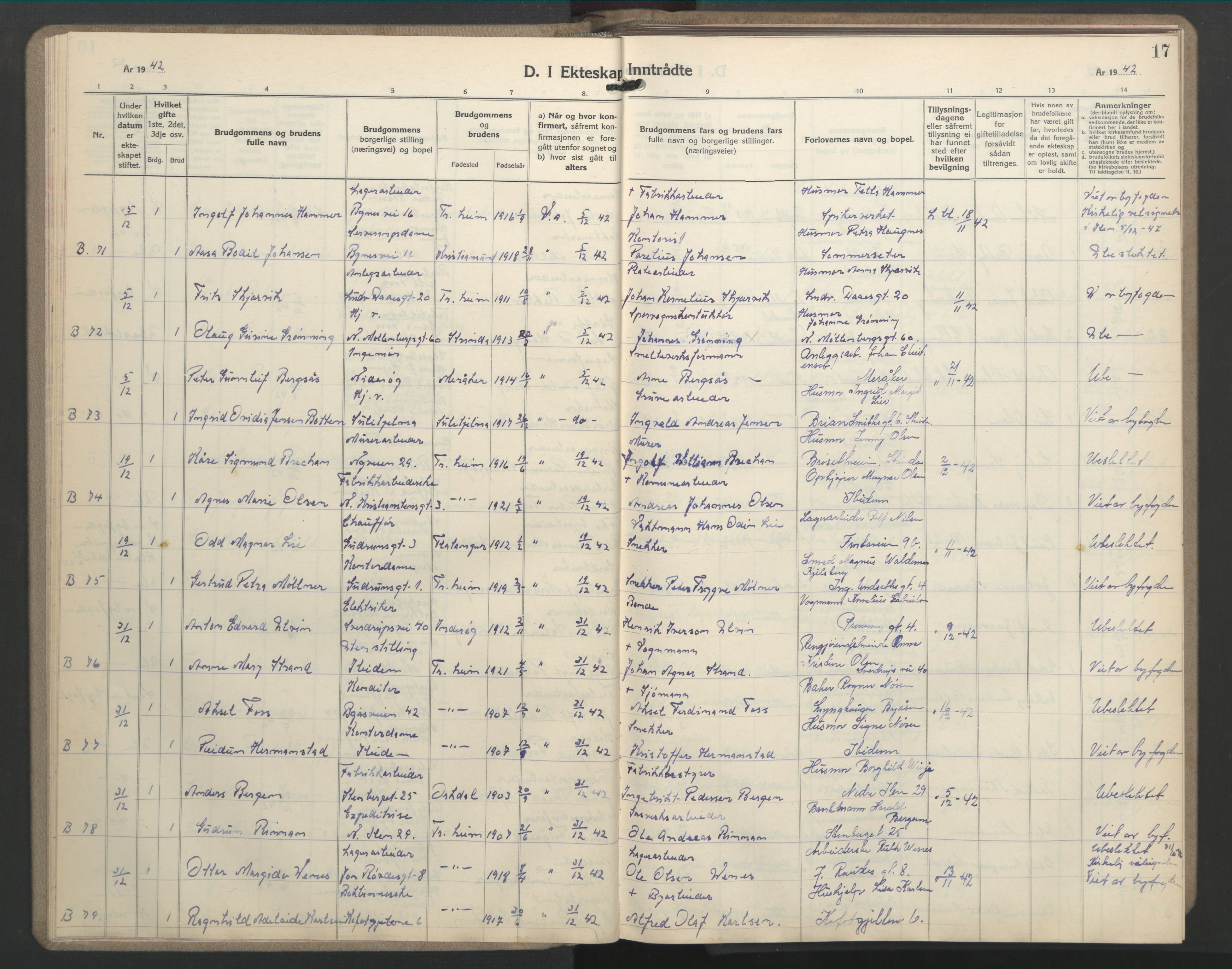 Ministerialprotokoller, klokkerbøker og fødselsregistre - Sør-Trøndelag, SAT/A-1456/603/L0177: Parish register (copy) no. 603C05, 1941-1952, p. 17