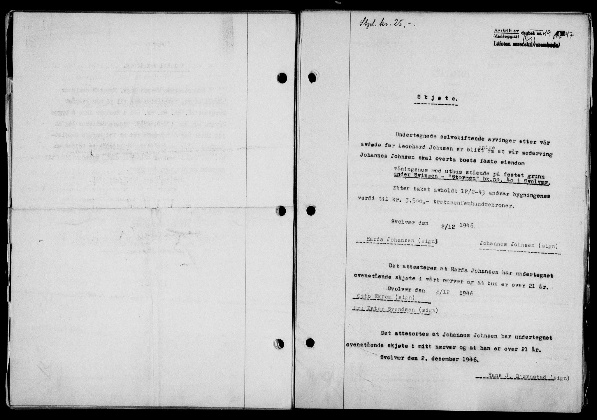 Lofoten sorenskriveri, SAT/A-0017/1/2/2C/L0015a: Mortgage book no. 15a, 1946-1947, Diary no: : 49/1947
