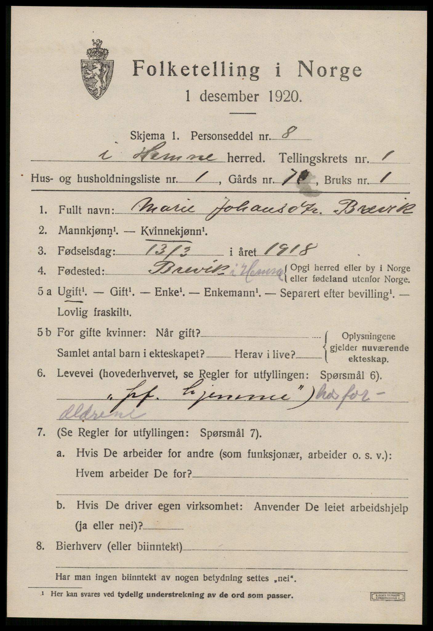 SAT, 1920 census for Hemne, 1920, p. 1250