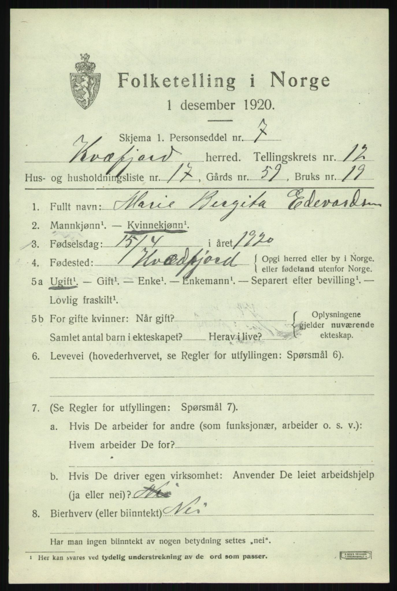 SATØ, 1920 census for Kvæfjord, 1920, p. 5899