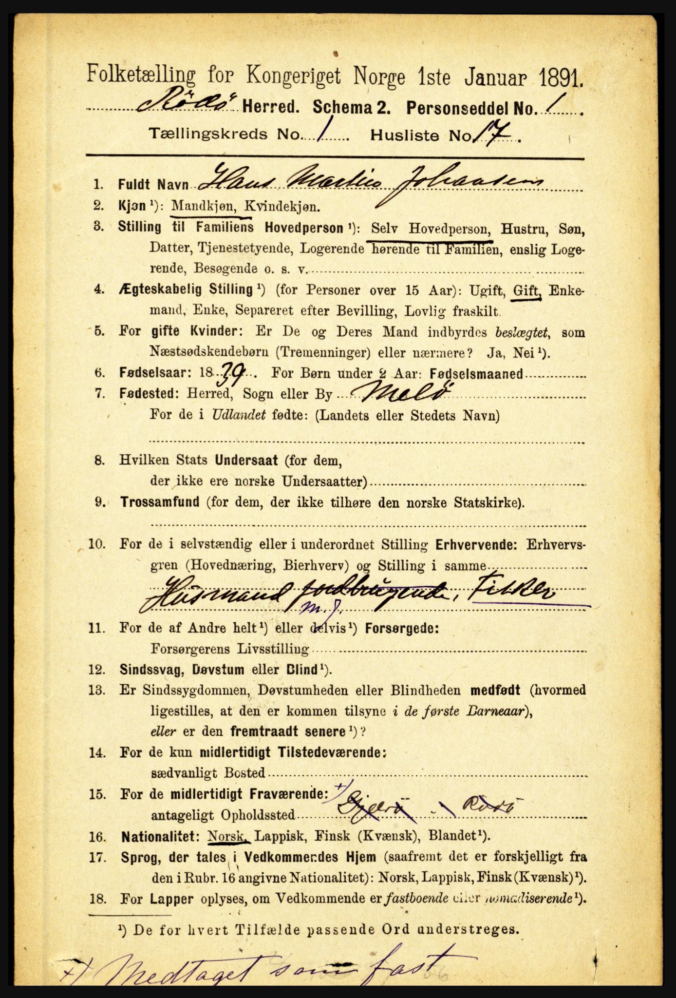 RA, 1891 census for 1836 Rødøy, 1891, p. 144