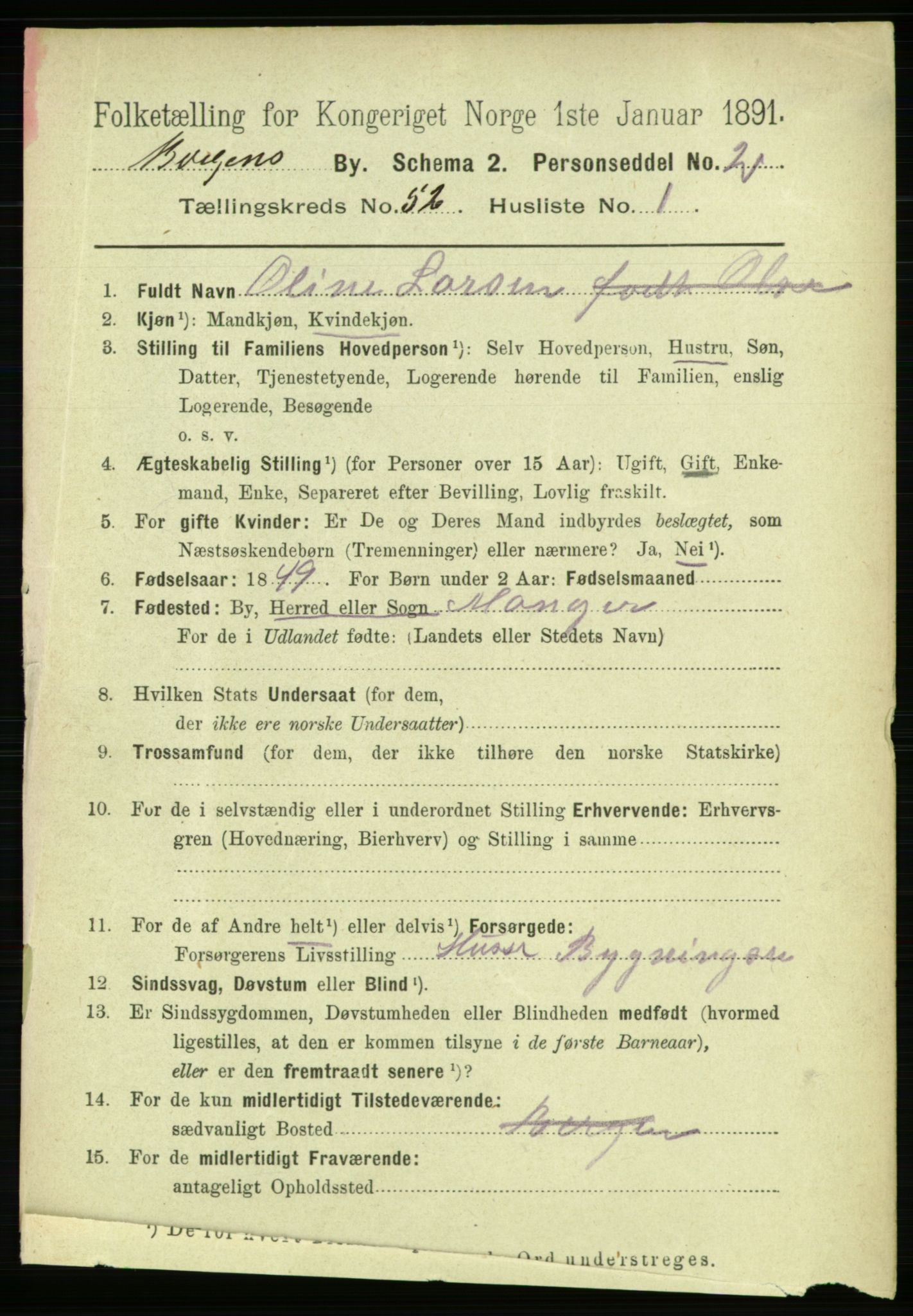 RA, 1891 Census for 1301 Bergen, 1891, p. 61205