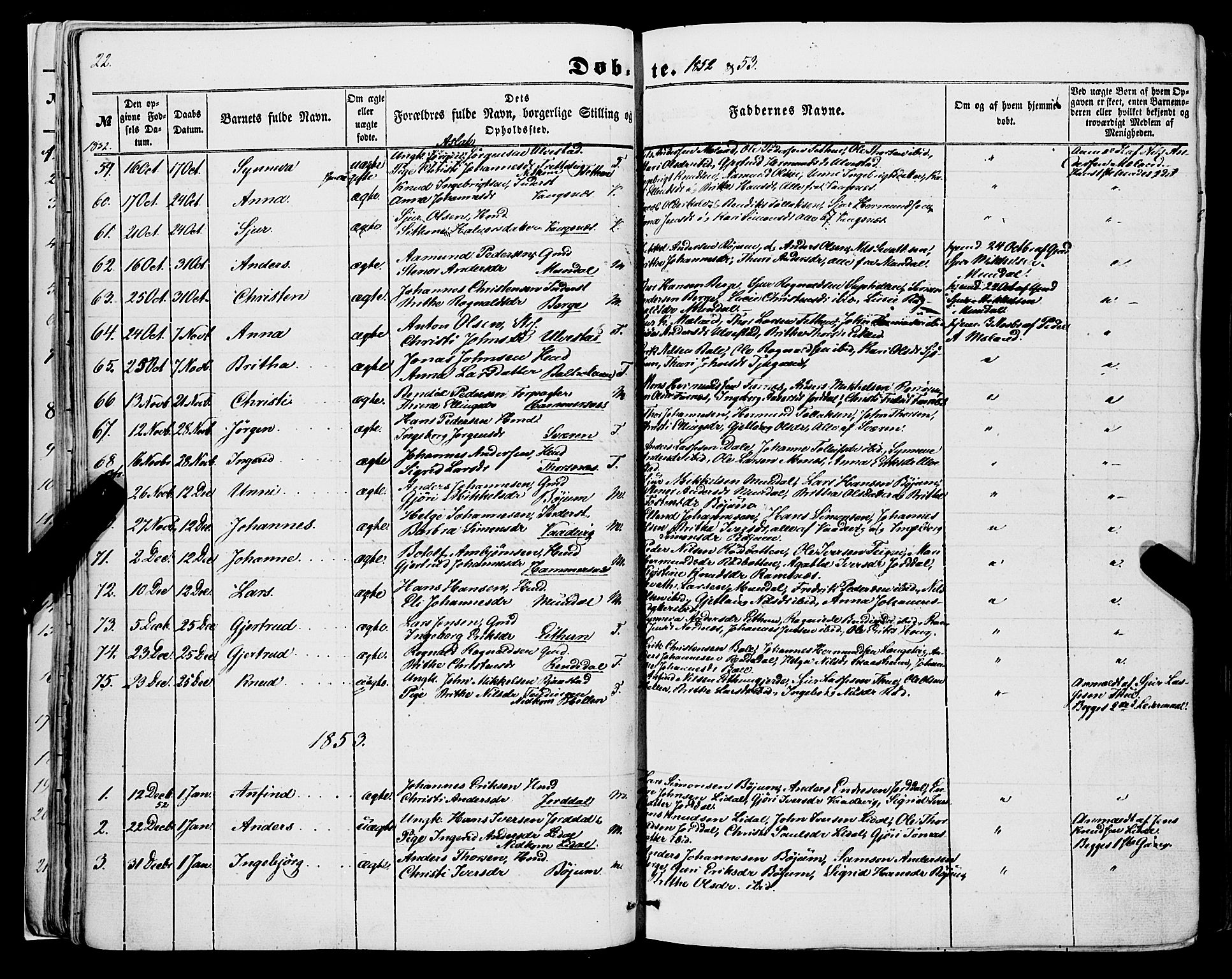 Balestrand sokneprestembete, AV/SAB-A-79601/H/Haa/Haaa/L0002: Parish register (official) no. A 2, 1847-1866, p. 22