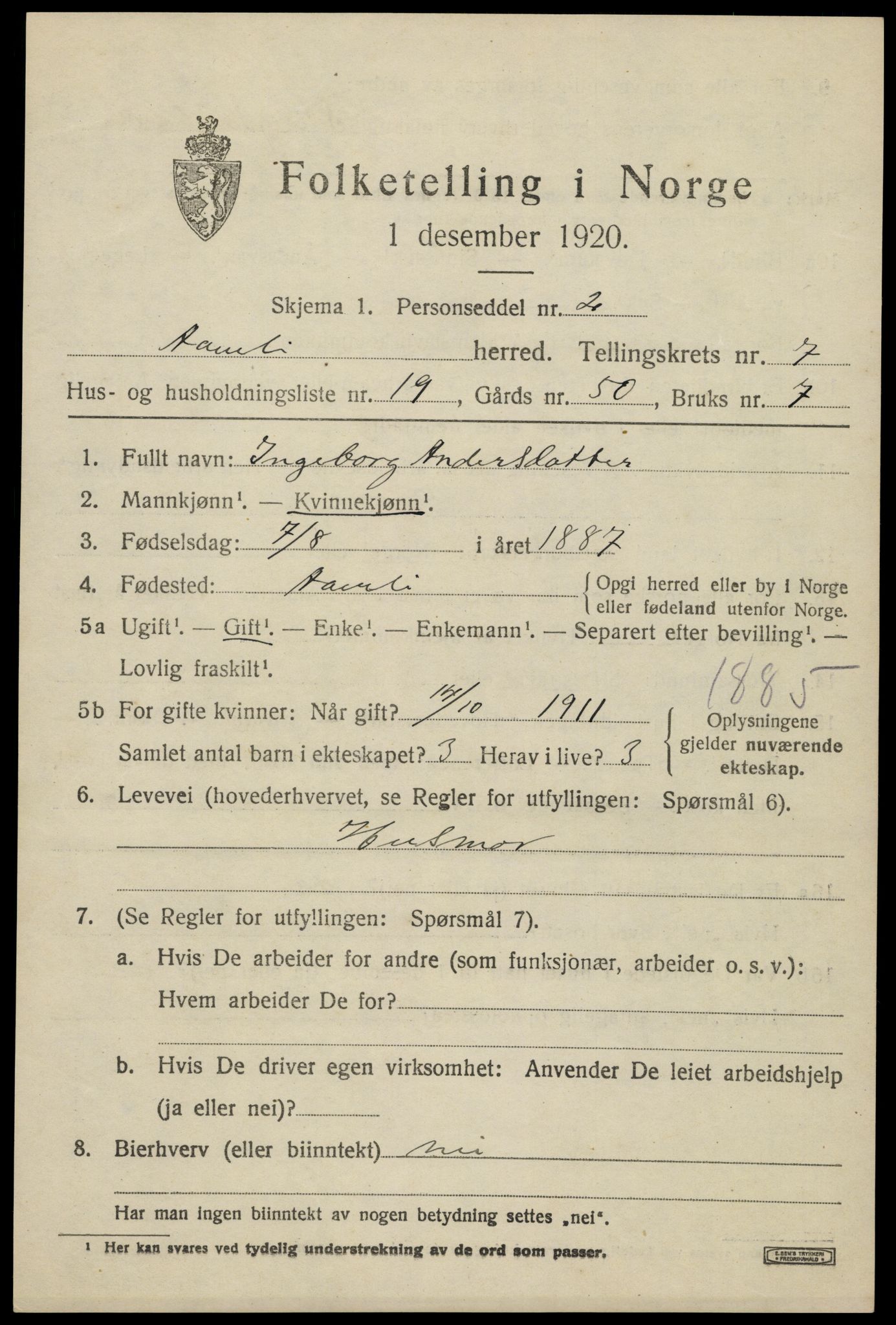 SAK, 1920 census for Åmli, 1920, p. 3167