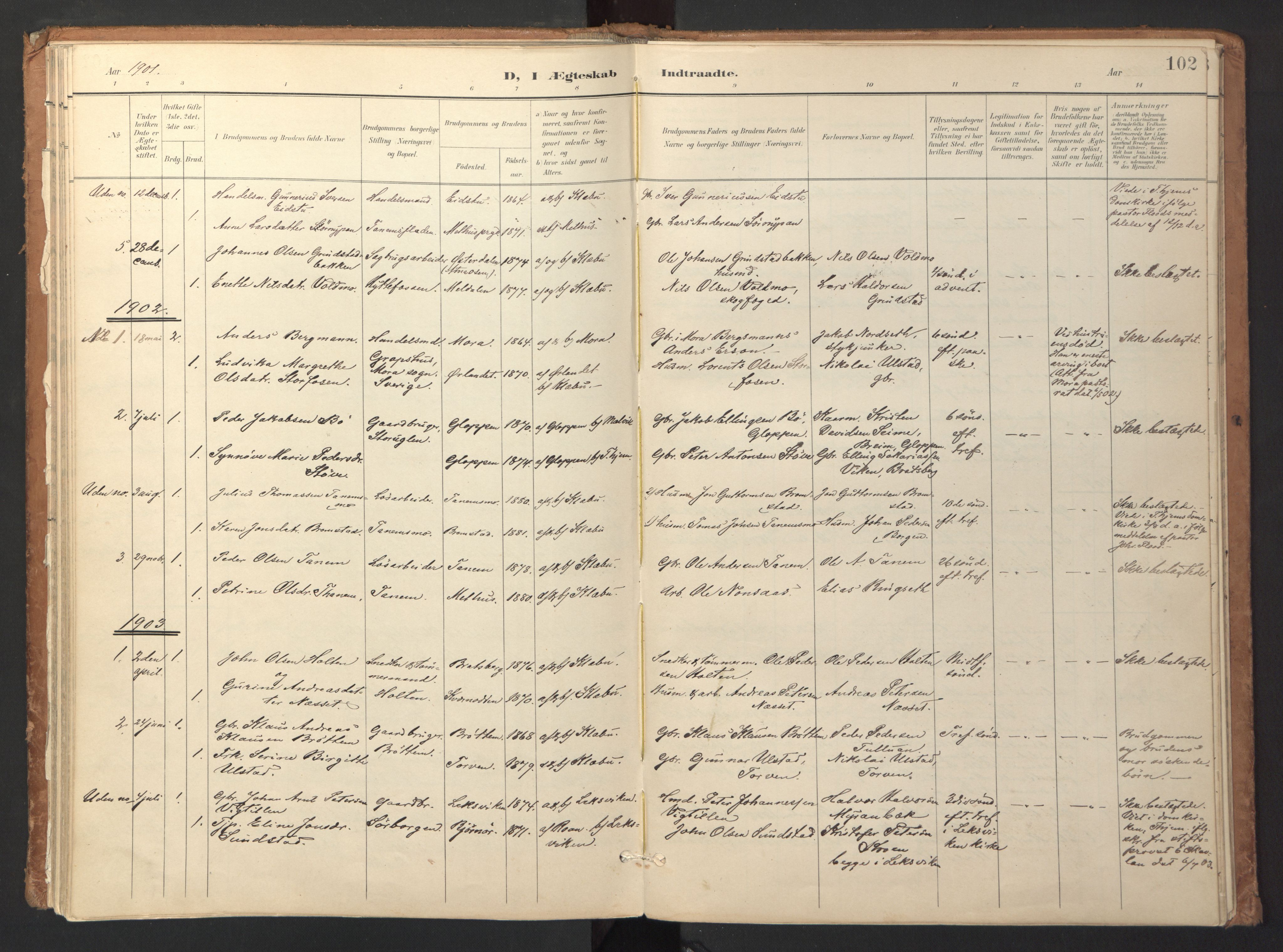 Ministerialprotokoller, klokkerbøker og fødselsregistre - Sør-Trøndelag, SAT/A-1456/618/L0448: Parish register (official) no. 618A11, 1898-1916, p. 102